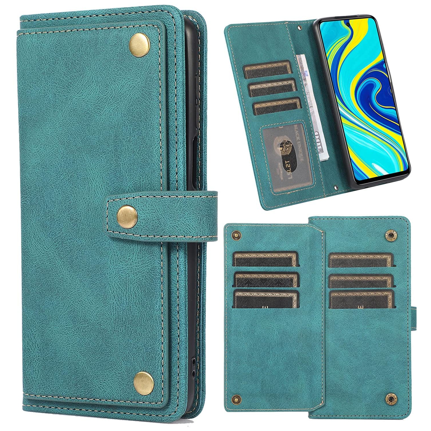 Loris & Case Retro Flip Wallet Case with 9 Card Slots Kickstand PU Leather Folio Wrist Strap Purse Phone Cover for Samsung Galaxy S22 -Cyan (FREE SHIPPING)