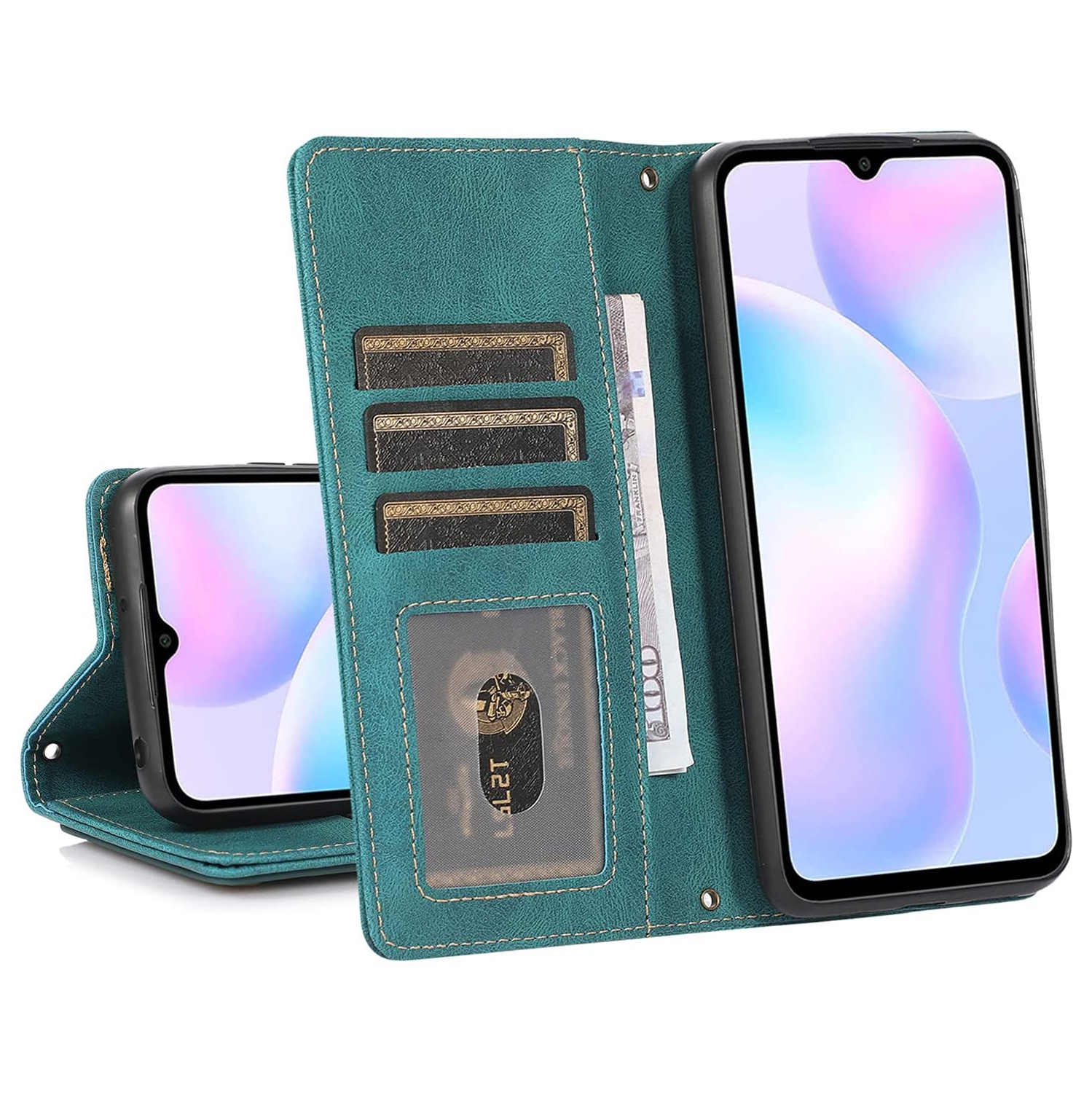 Loris & Case Retro Shockproof Flip Case Leather Wallet Case with 9 Card Slots Function Support, Magnetic Closure pour Samsung Galaxy S22 -Cyan
