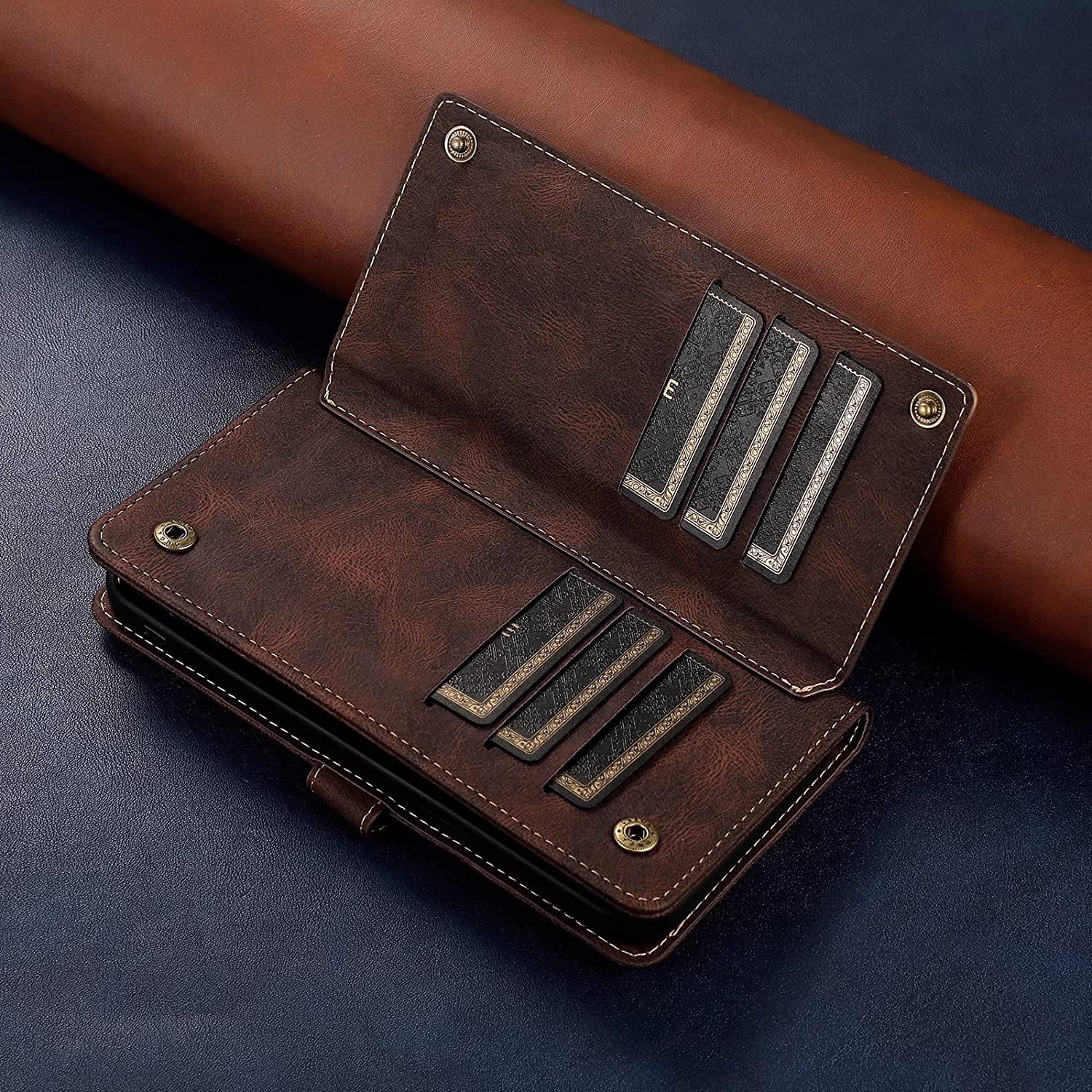 Loris & Case Retro Flip Wallet Case with 9 Card Slots Kickstand PU Leather Folio Wrist Strap Purse Phone Cover for iPhone 13 PRO MAX -Brown