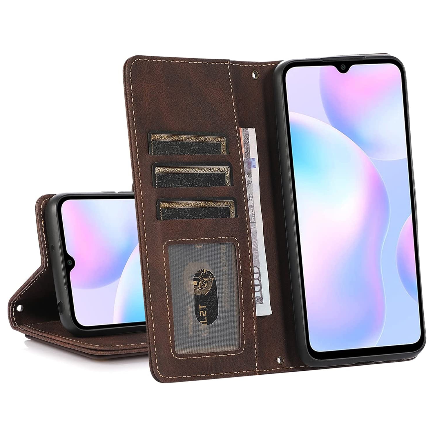 Loris & Case Retro Flip Wallet Case with 9 Card Slots Kickstand PU Leather Folio Wrist Strap Purse Phone Cover for iPhone 13 PRO MAX -Brown