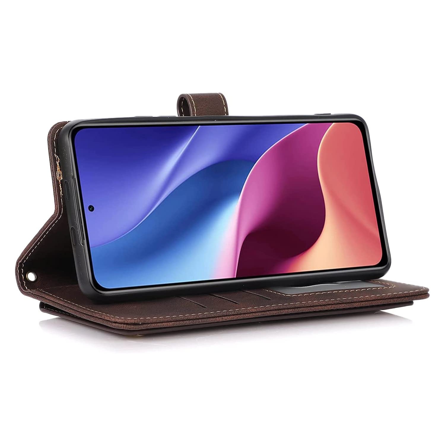 Loris & Case Retro Flip Wallet Case with 9 Card Slots Kickstand PU Leather Folio Wrist Strap Purse Phone Cover for iPhone 13 PRO MAX -Brown