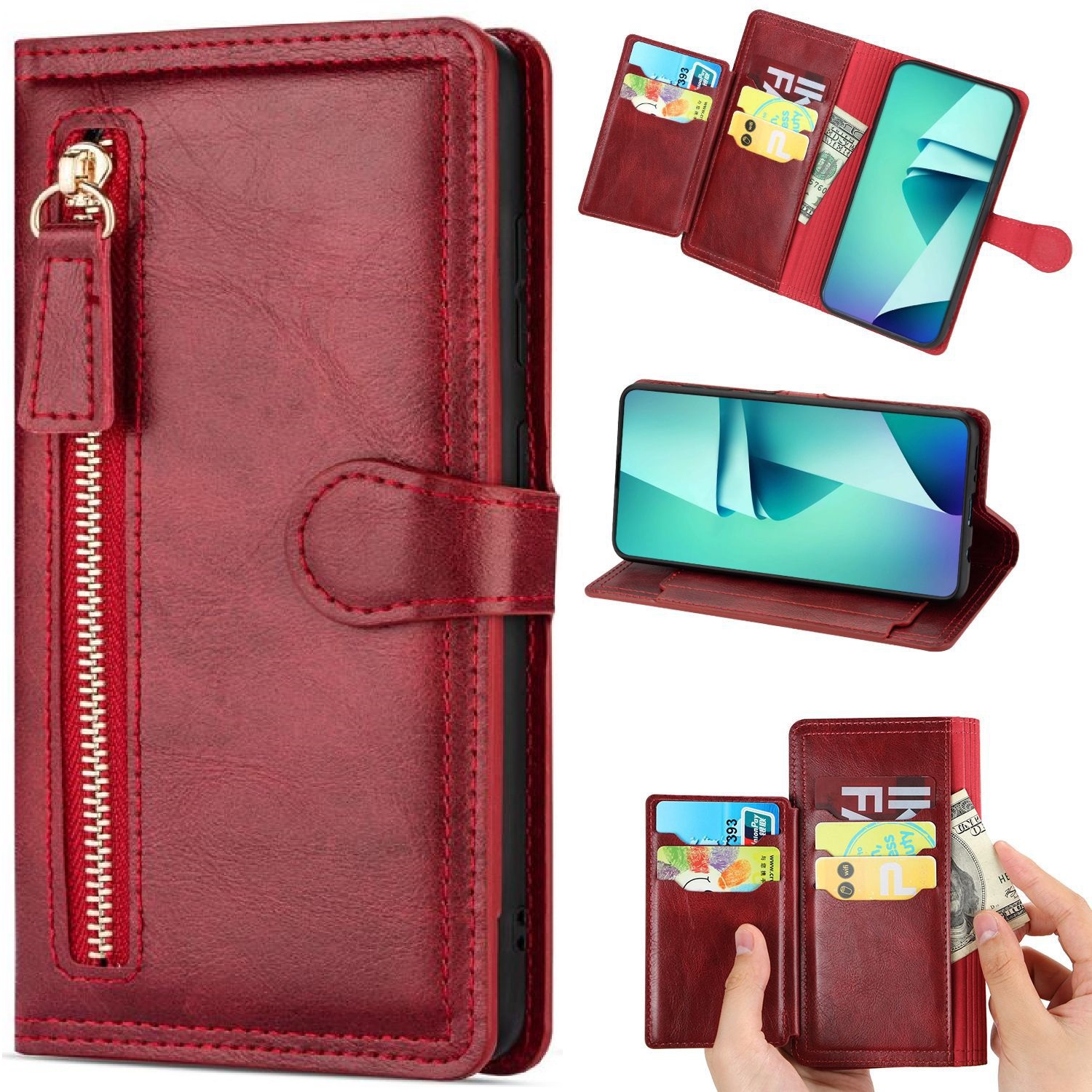 PIERO Coque Portefeuille Étui Cuir Fermeture éclair Pochette Sac à Main Bandoulière Lanière Housse avec 5 Porte-Carte pour Samsung Galaxy S21 FE