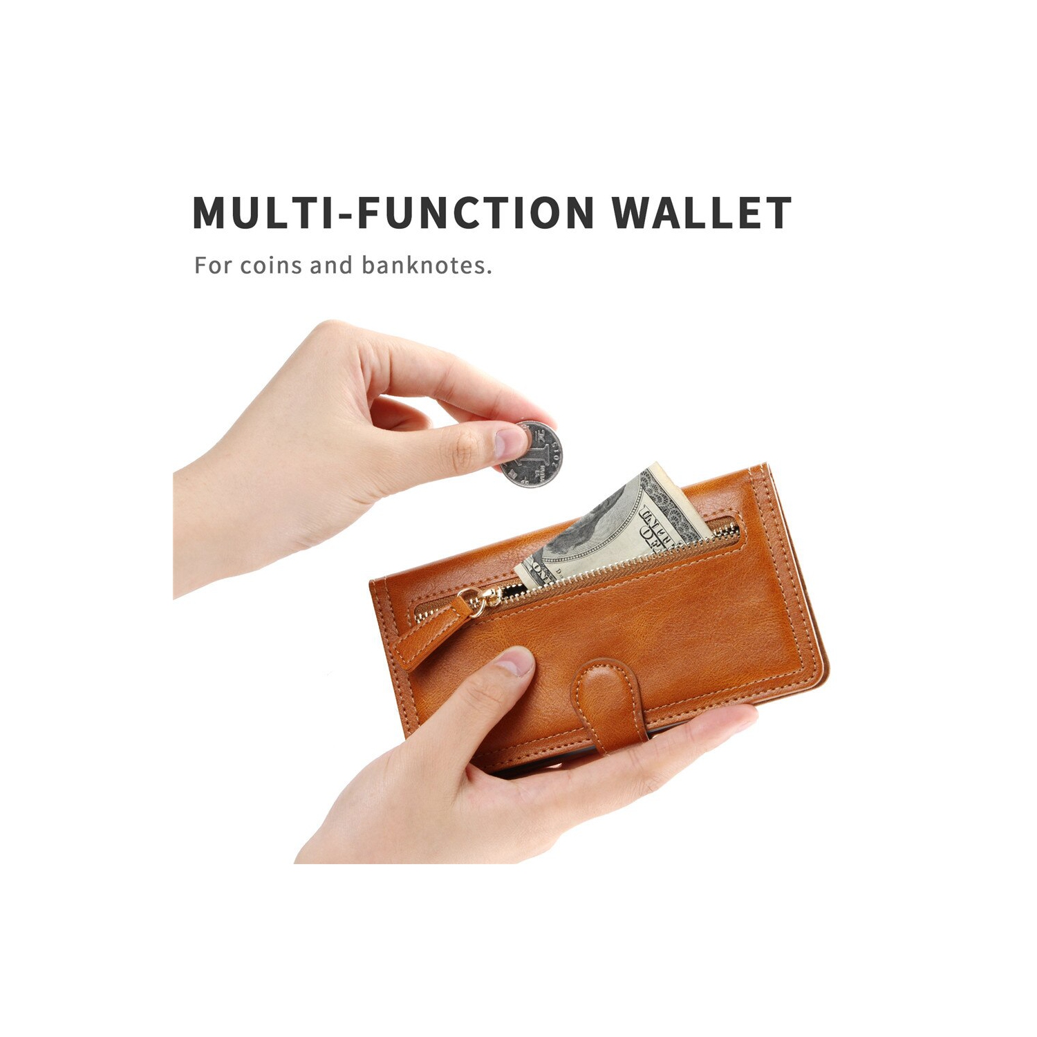 PIERO Coque Portefeuille Étui Cuir Fermeture éclair Pochette Sac à Main Bandoulière Lanière Housse avec 5 Porte-Carte pour Samsung Galaxy S21 FE