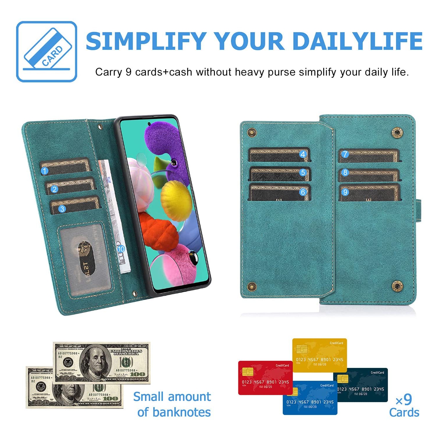 Loris & Case Retro Flip Wallet Case with 9 Card Slots Kickstand PU Leather Folio Wrist Strap Purse Phone Cover for Samsung Galaxy S22 ULTRA -Cyan