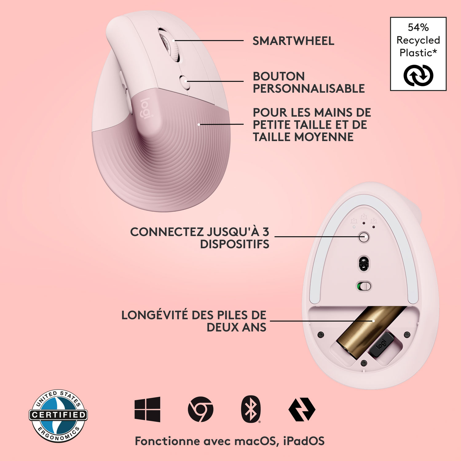 Logitech Lift Vertical Ergonomic 4000 DPI Wireless Mouse - Rose