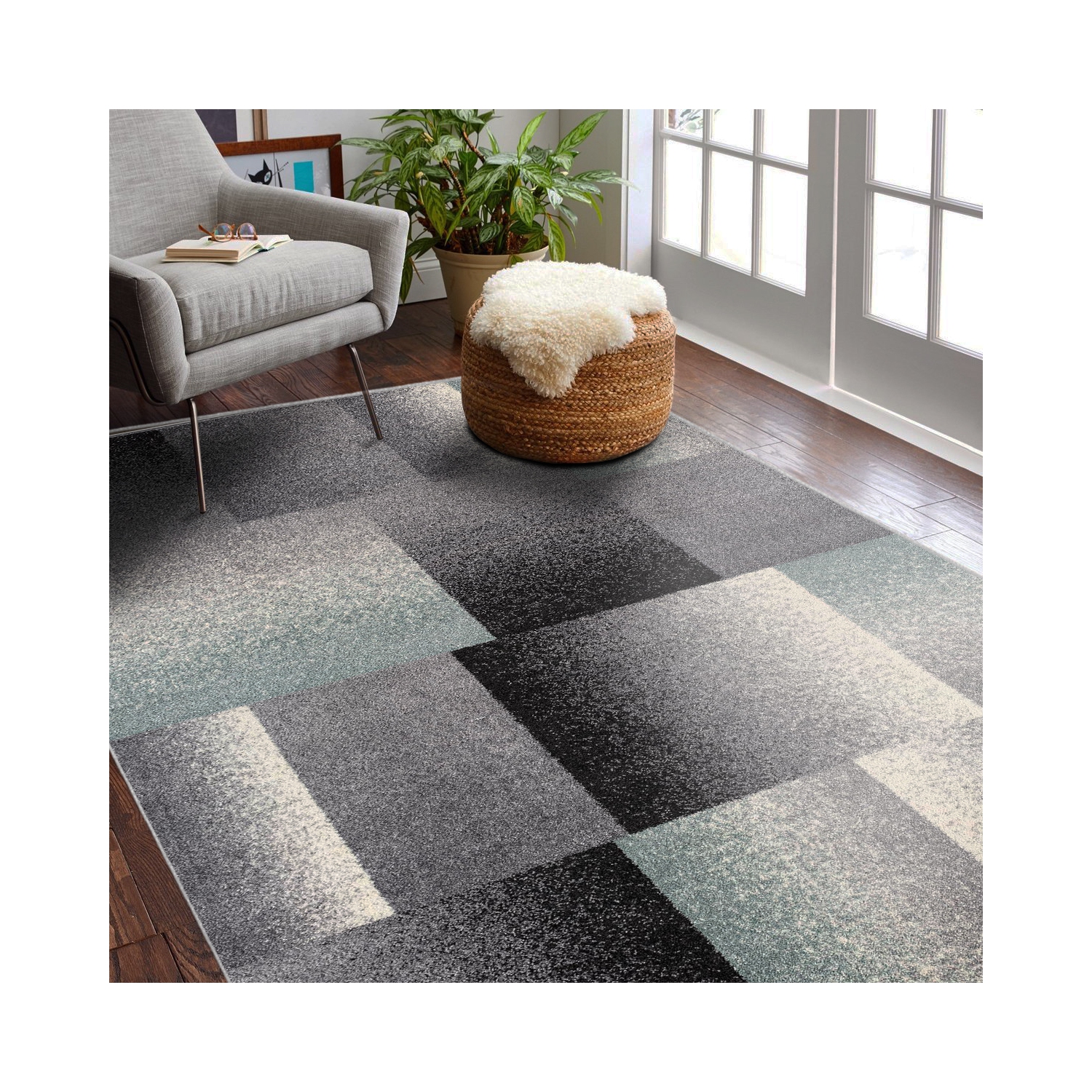 Tapis d'intérieur contemporain abstrait Riwaq blanc/gris