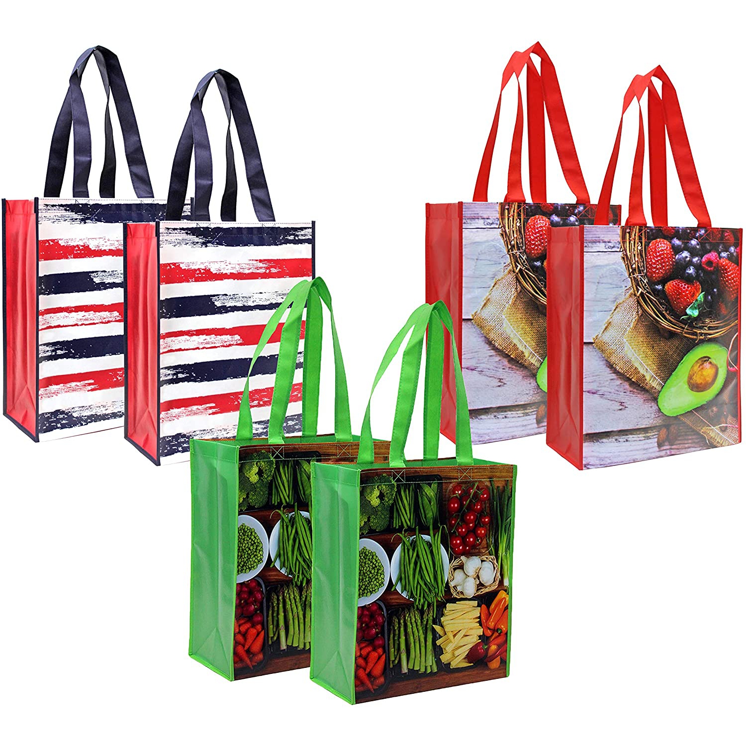 Planet E Reusable Grocery Shopping Bags – Durable Foldable Bags with Colorful Prints (Pack of 6)