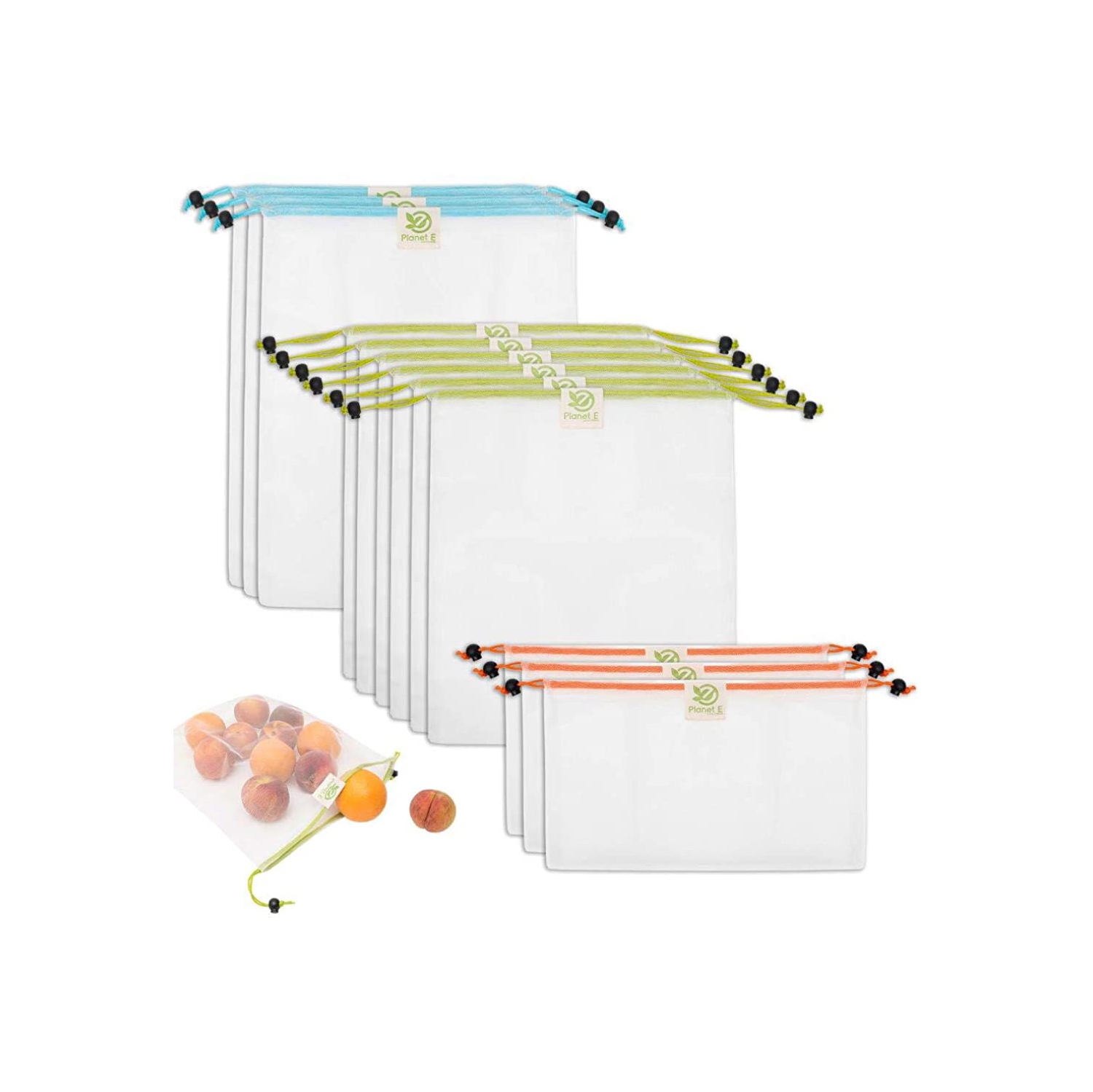 Sacs à fruits et légumes en filet réutilisables de Planet E avec cordon de serrage - Ensemble de 12 tailles variées