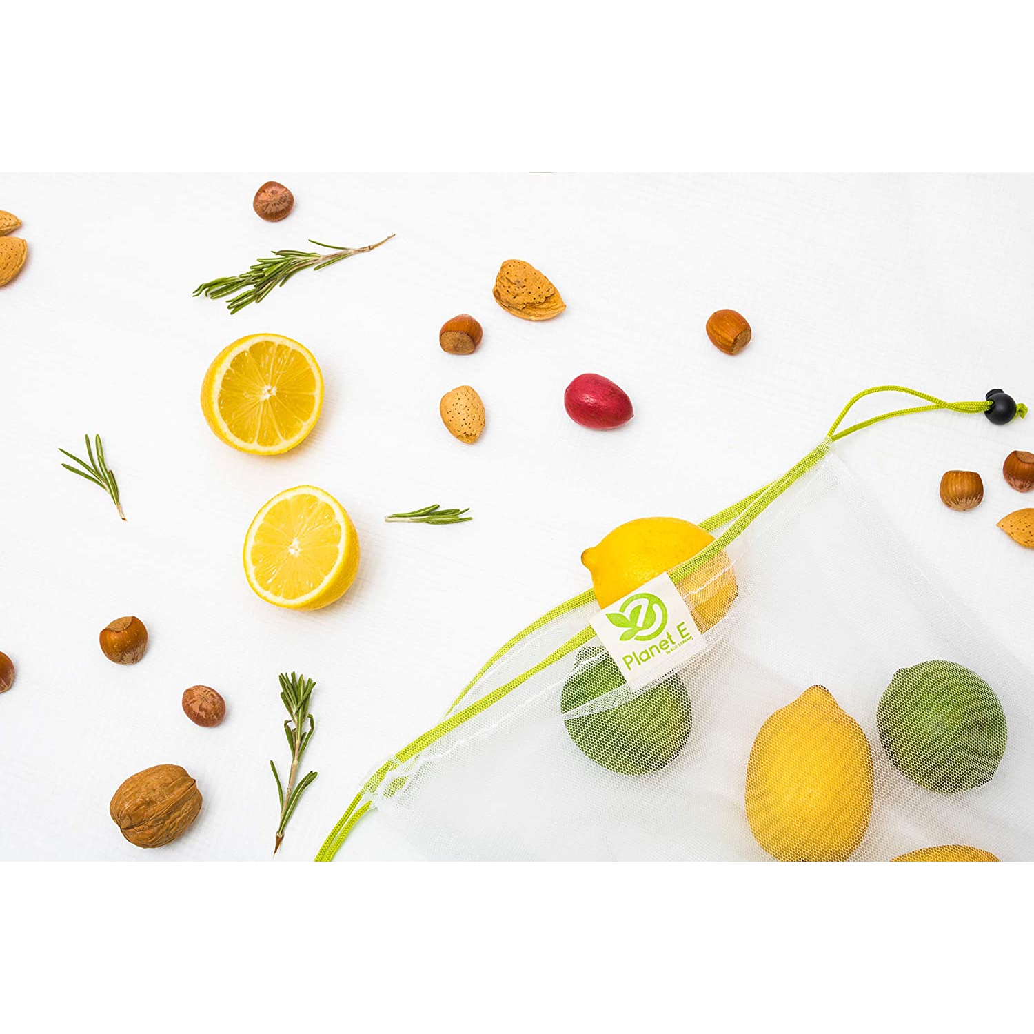 Sacs à fruits et légumes en filet réutilisables de Planet E avec cordon de serrage - Ensemble de 12 tailles variées