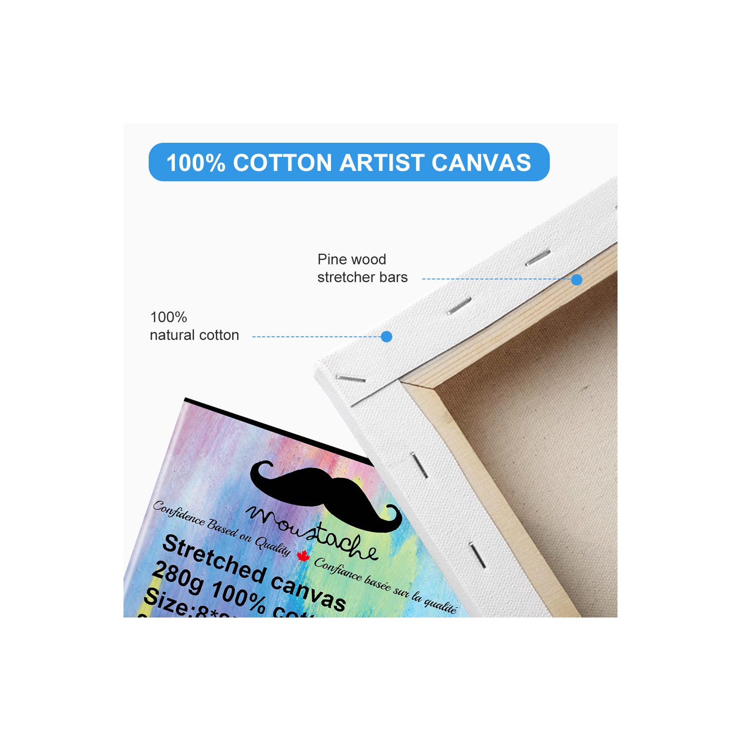Students, Beginners, Professionals Painting Stretched Blank Canvas, White, 100% Cotton, 8/Pack - Moustache® - 16" x 20"