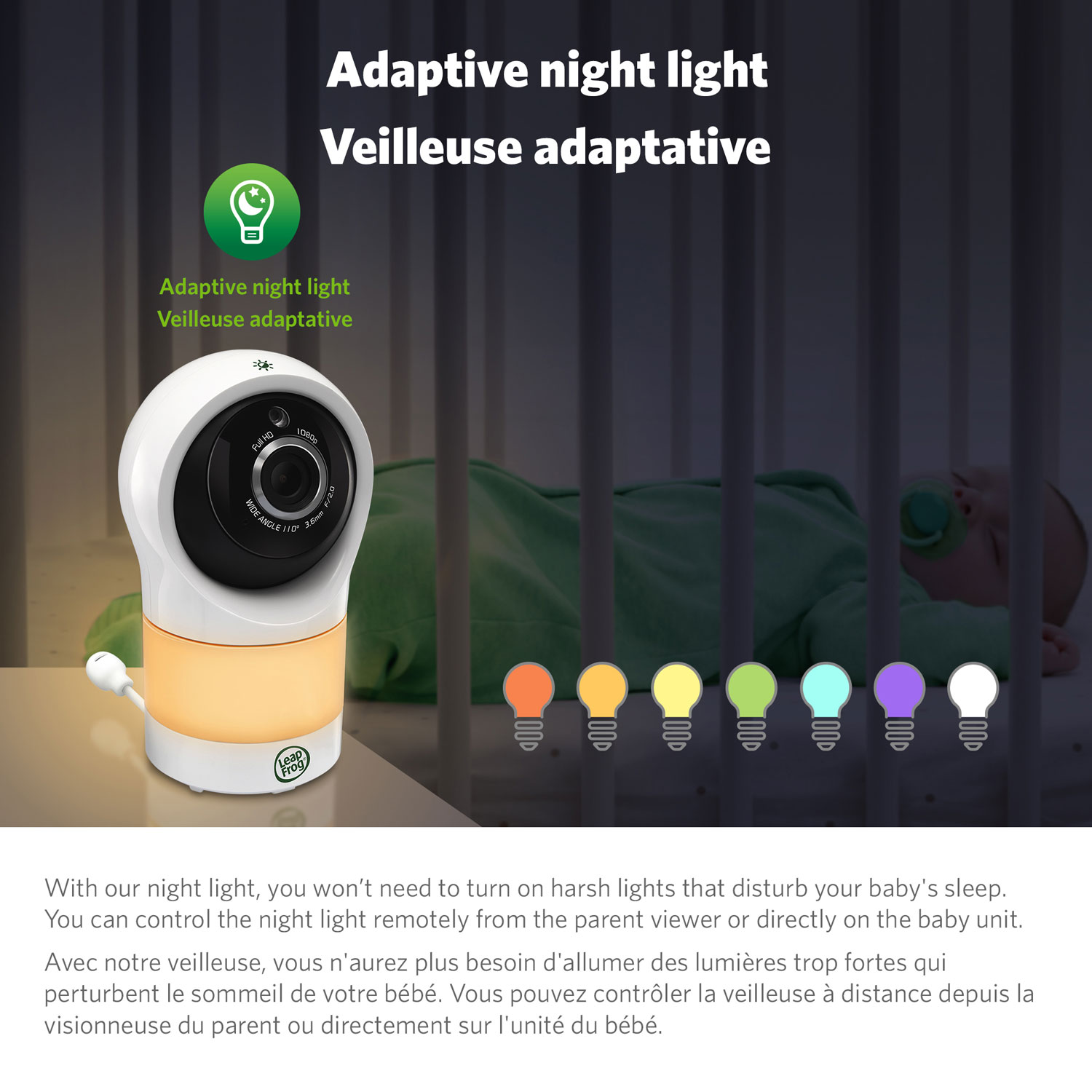 Interphone de surveillance vidéo Wi-Fi avec vision nocturne en couleur et zoom/pivot/inclinaison de LeapFrog