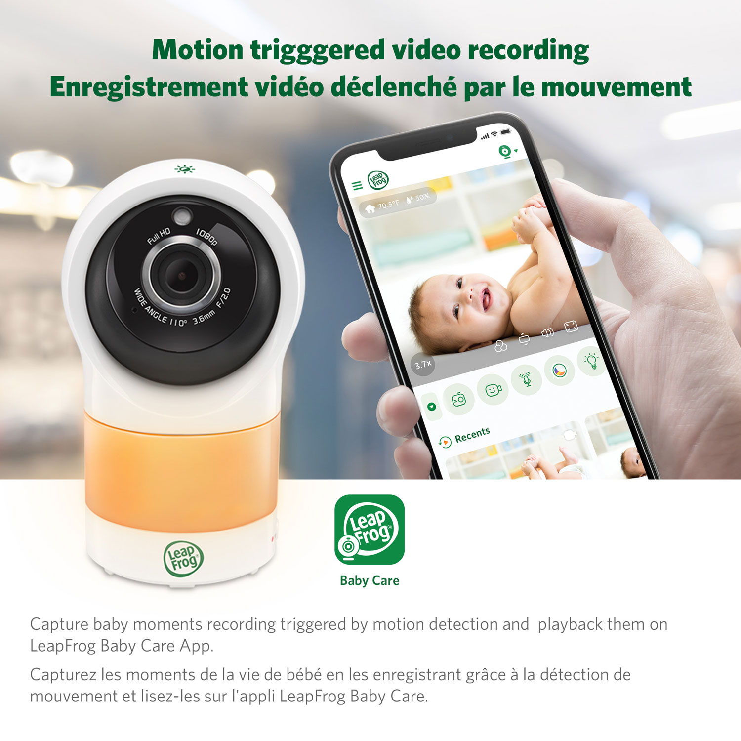Interphone de surveillance vidéo Wi-Fi avec vision nocturne en couleur et zoom/pivot/inclinaison de LeapFrog