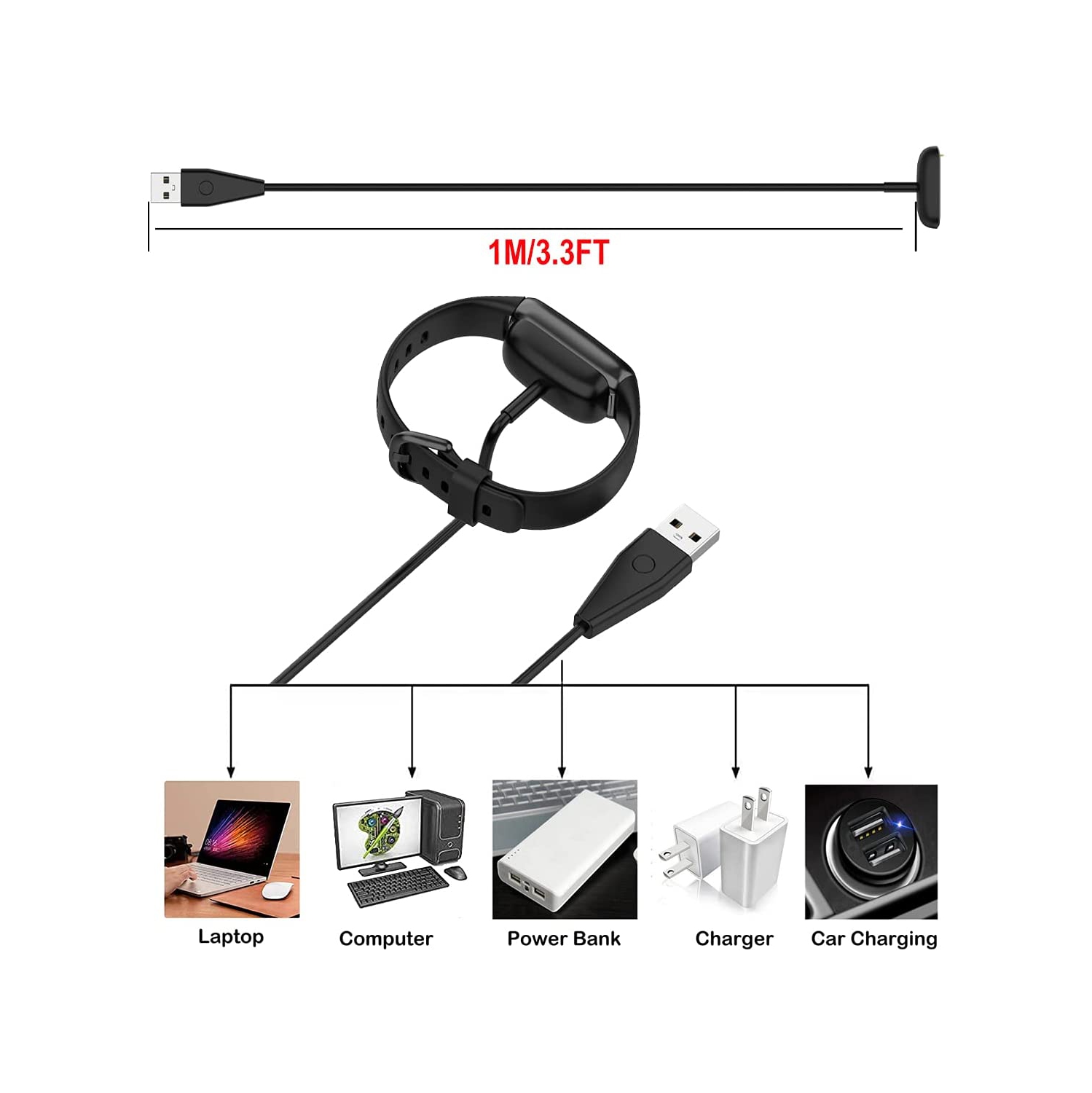 Charger Cable for Fitbit Charge 6, Charge 5, Luxe 3.3Ft Replacement USB Fast Charging Cable Dock Stand, Durable Magnetic Power Cord Accessories, Black