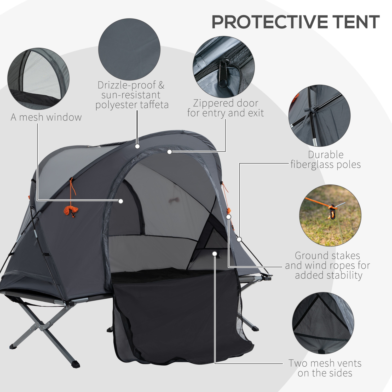 Outsunny Camping Tent Cot, Multifunctional Folding Tent Combo, Portable Off-Ground Tent Shelter with Self-Inflating Air Mattress and Carry Bag for 1