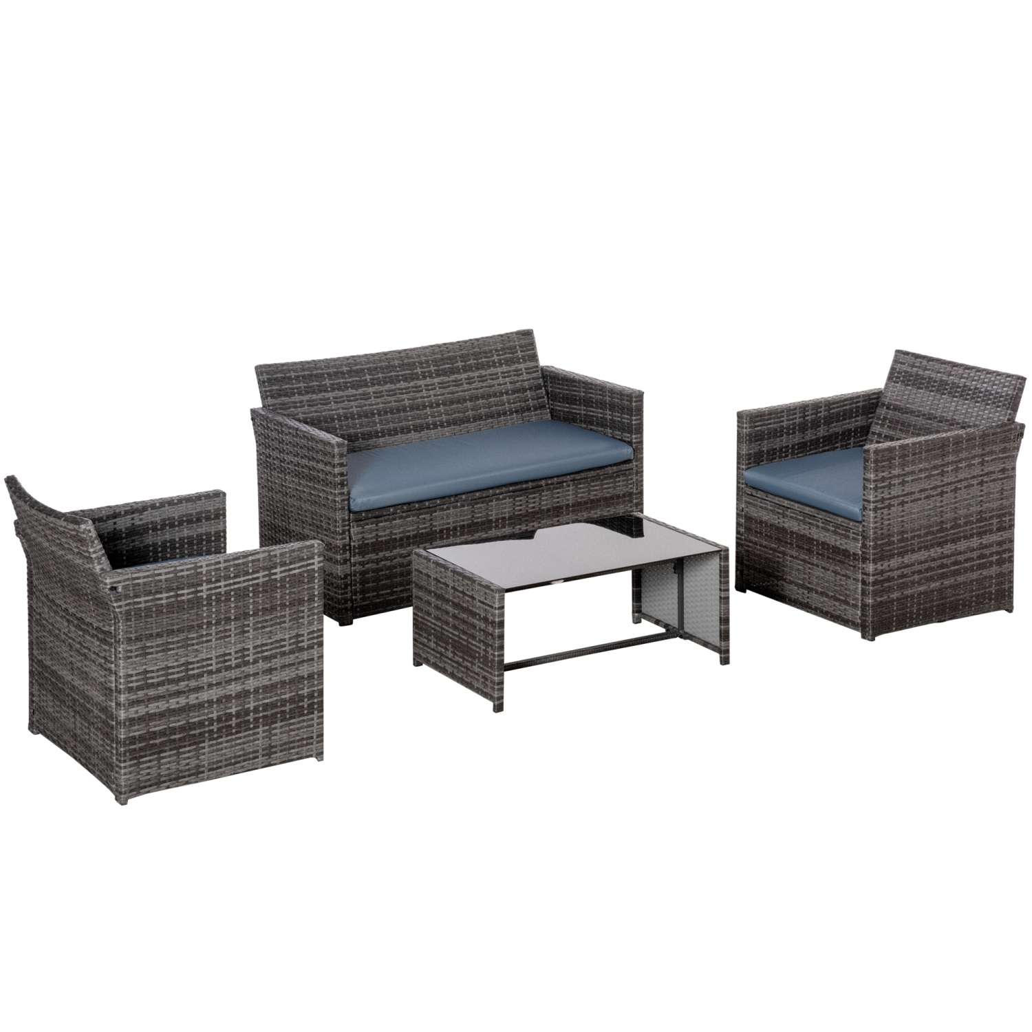 Outsunny 4 Pieces Patio Furniture Set with Cushions, Outdoor PE Rattan Wicker Conversation Garden Sofa Set with 2-Seater Chairs & Glass Coffee Table,