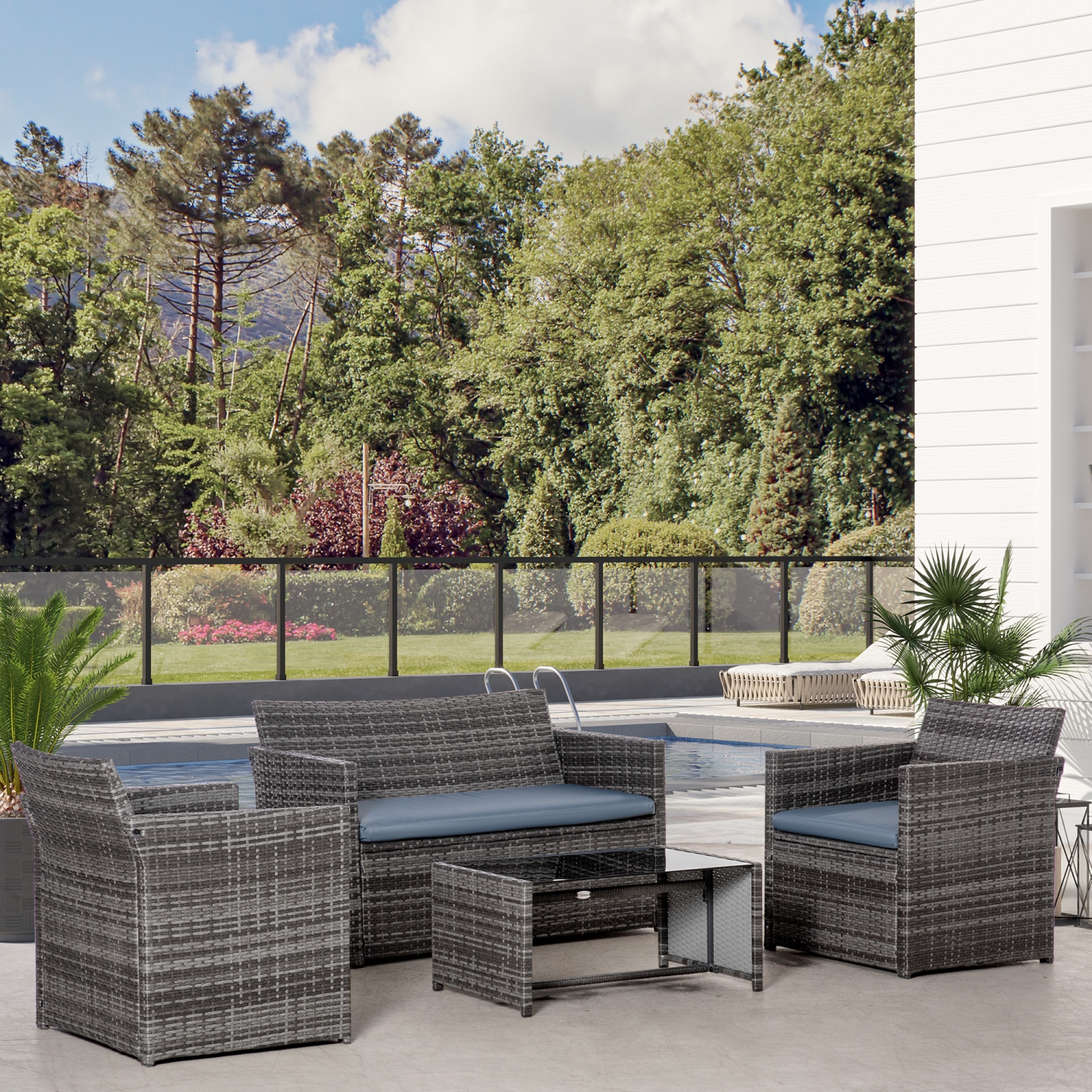 Outsunny 4 Pieces Patio Furniture Set with Cushions, Outdoor PE Rattan Wicker Conversation Garden Sofa Set with 2-Seater Chairs & Glass Coffee Table,