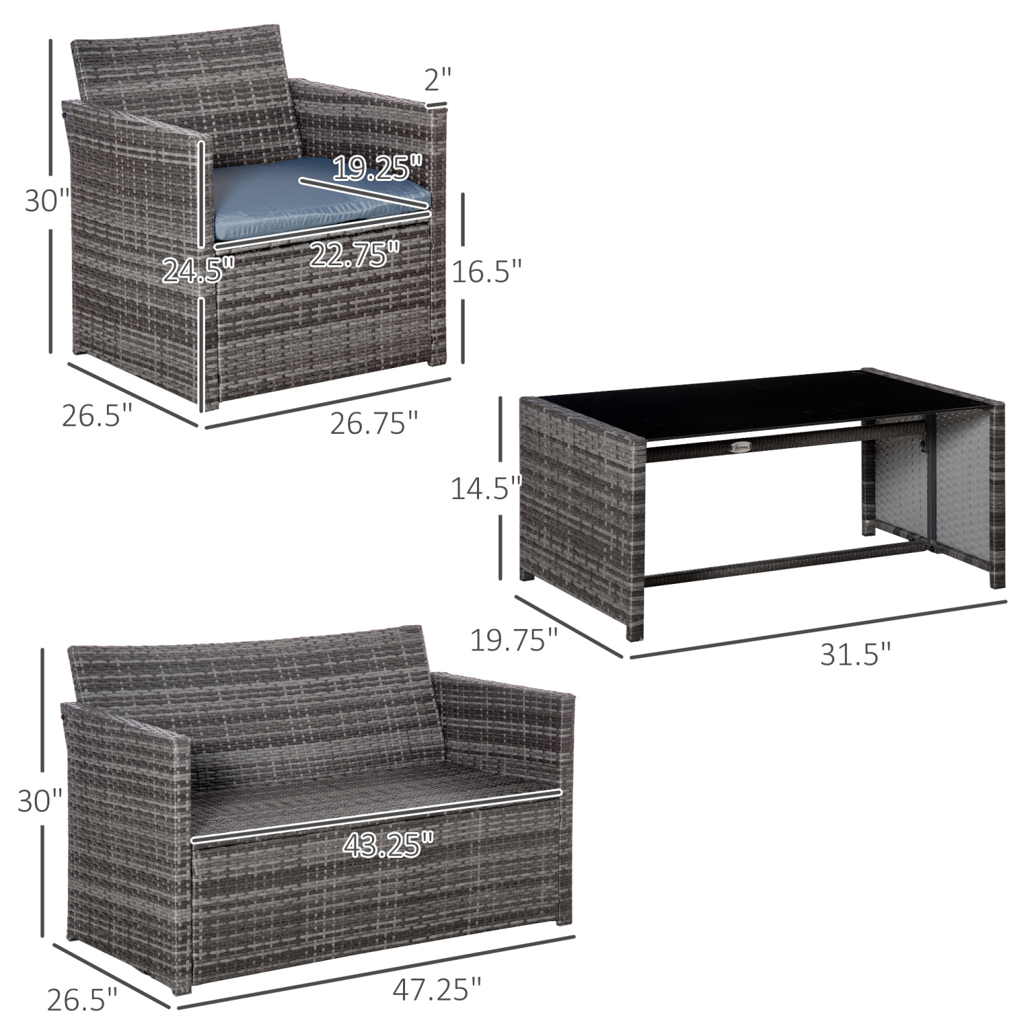 Outsunny 4 Pieces Patio Furniture Set with Cushions, Outdoor PE Rattan Wicker Conversation Garden Sofa Set with 2-Seater Chairs & Glass Coffee Table,