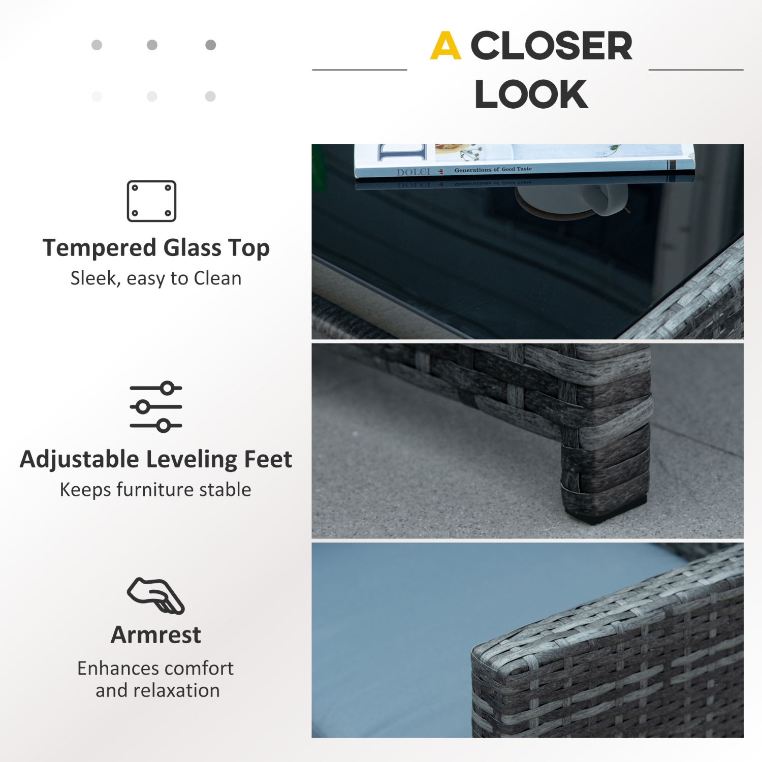 Outsunny 4 Pieces Patio Furniture Set with Cushions, Outdoor PE Rattan Wicker Conversation Garden Sofa Set with 2-Seater Chairs & Glass Coffee Table,