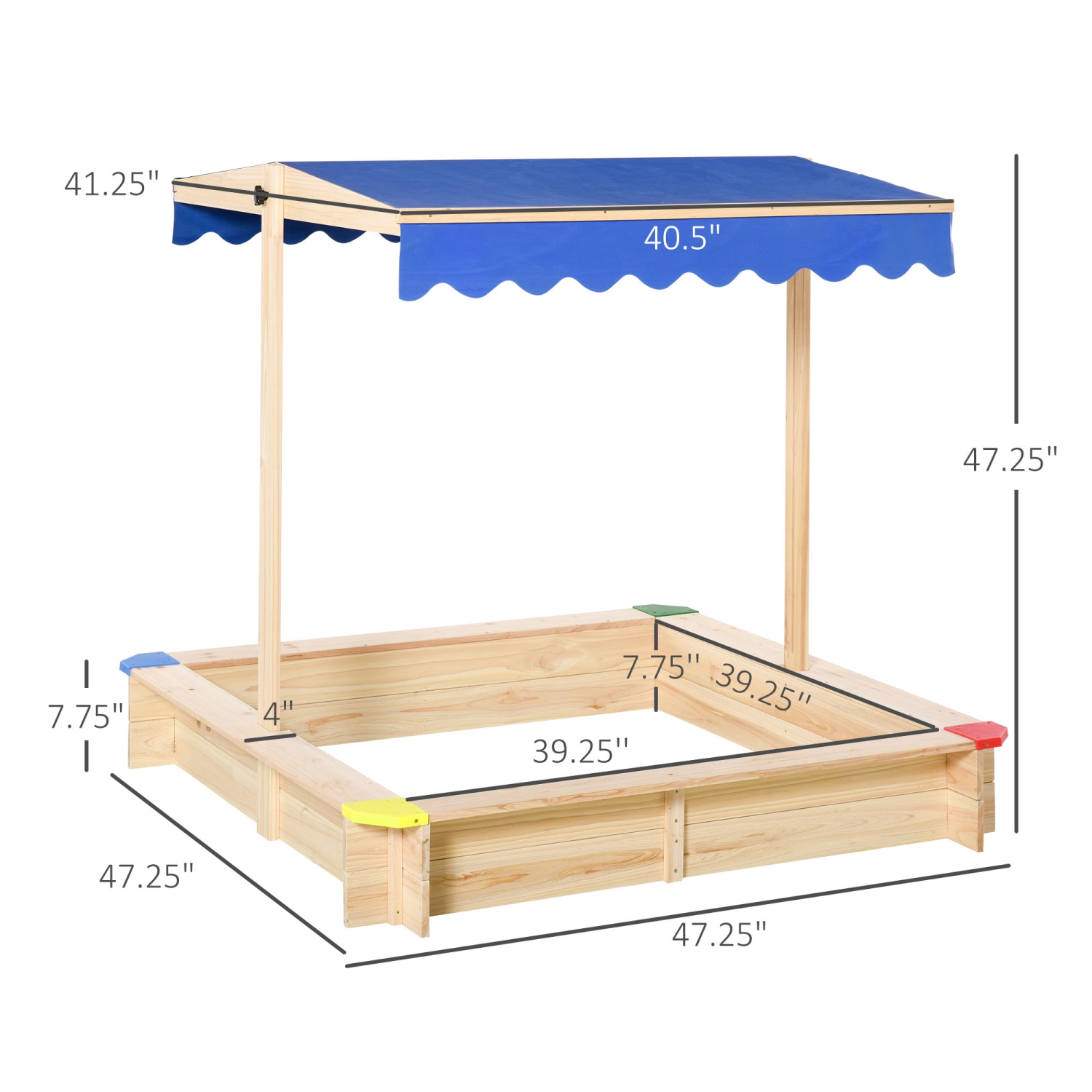 Outsunny Kids Wooden Sandbox with Cover, Play Sand Station for Children Outdoor Sand box, with Seats, for Backyard, Beach, 47" x 47" x 47", Natural