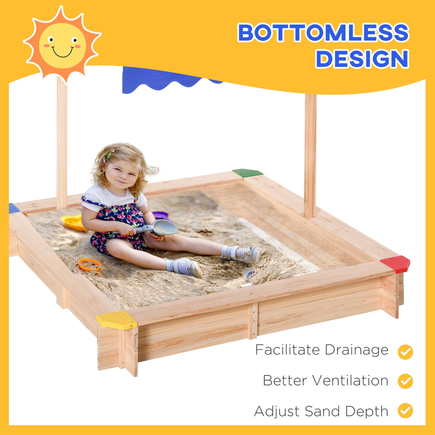 Outsunny Kids Wooden Sandbox with Cover, Play Sand Station for Children Outdoor Sand box, with Seats, for Backyard, Beach, 47" x 47" x 47", Natural