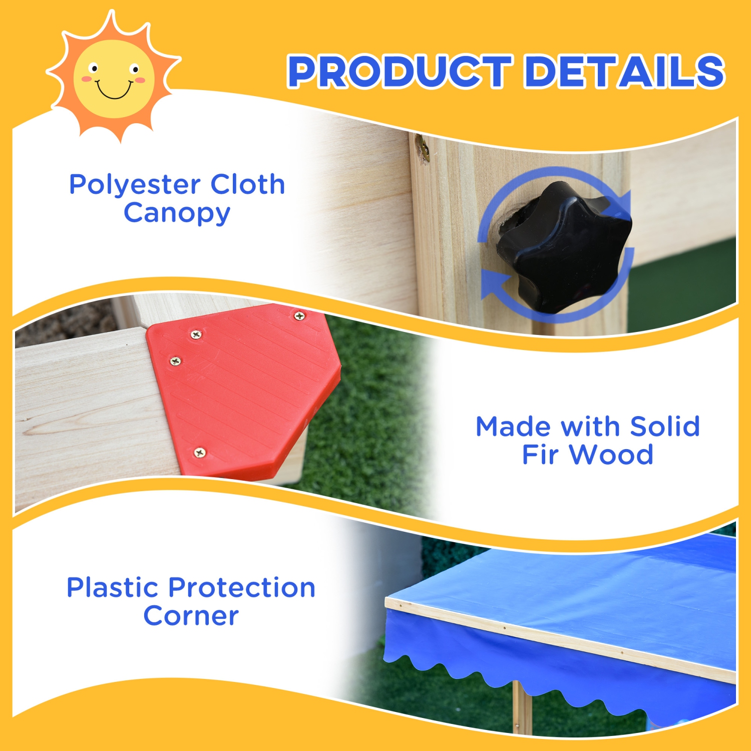 Outsunny Kids Wooden Sandbox with Cover, Play Sand Station for Children Outdoor Sand box, with Seats, for Backyard, Beach, 47" x 47" x 47", Natural