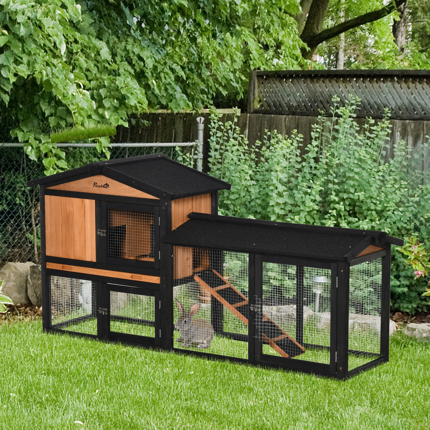 PawHut 69" Wooden Rabbit Hutch Pet Playpen Bunny House Enclosure with Run Box, Slide-out Tray, Ramp, for Rabbits and Small Animals, Black