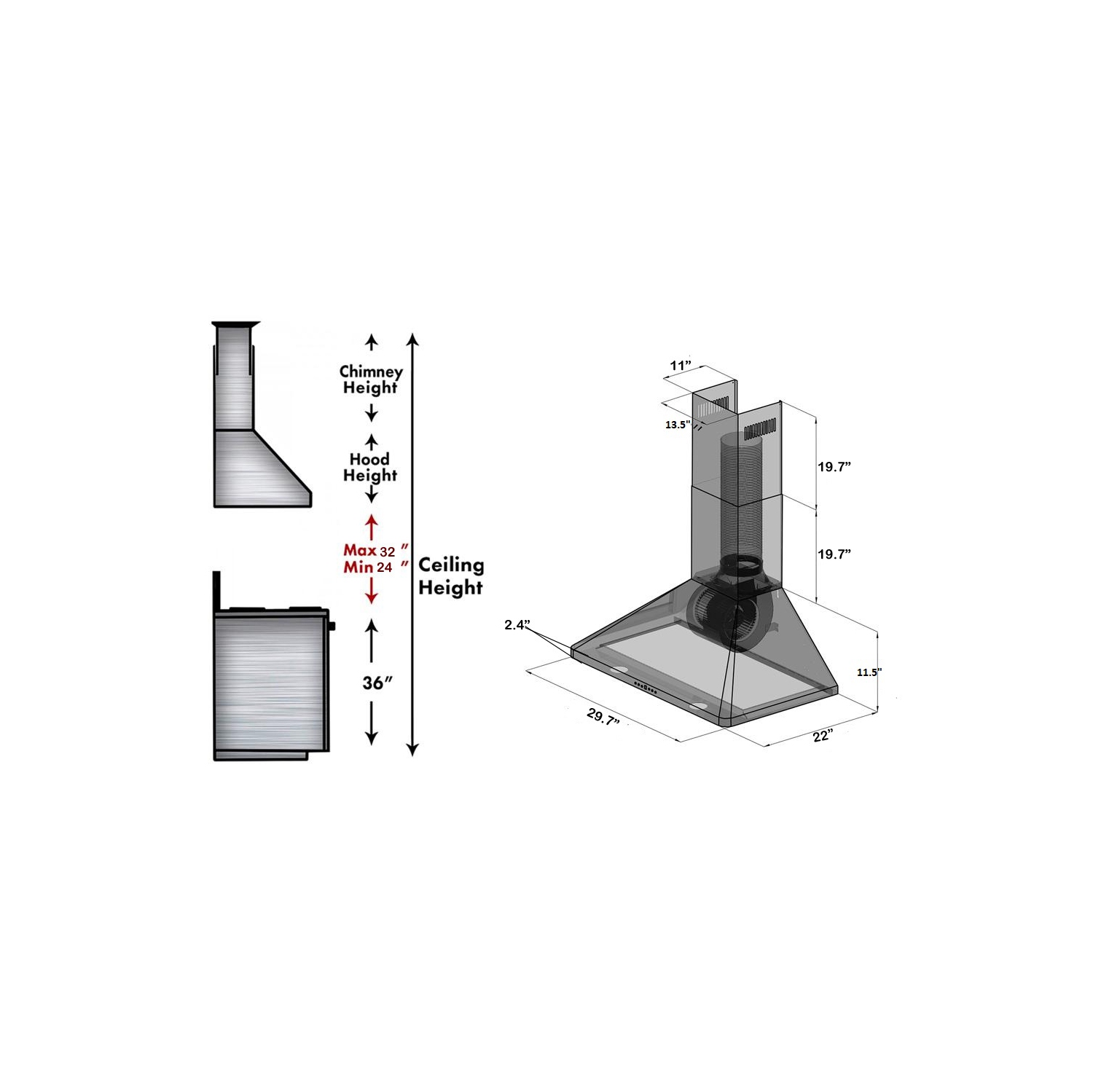 Hotte de cuisine murale en ACIER INOXYDABLE de 900 pi3/min de ROXON, hotte de 30 po, ventilateur de cuisine RXN-W42AH-30