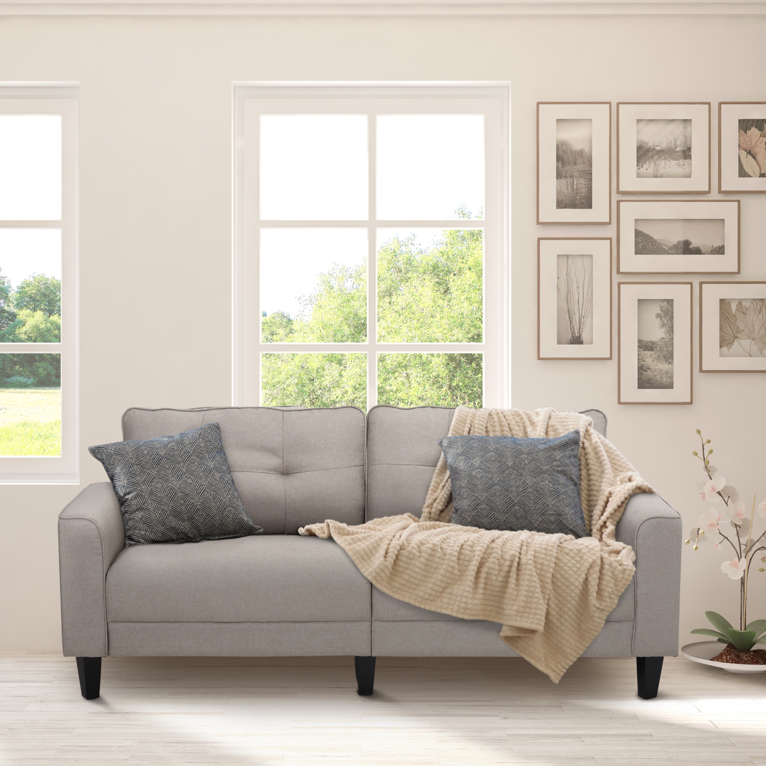 HOMCOM 3-Seater Sofa, Mid-Century Linen Couch with Upholstered Seat, Button-Tufted Back Cushion and Rubber Wood Legs for Living Room, Bedroom, Beige