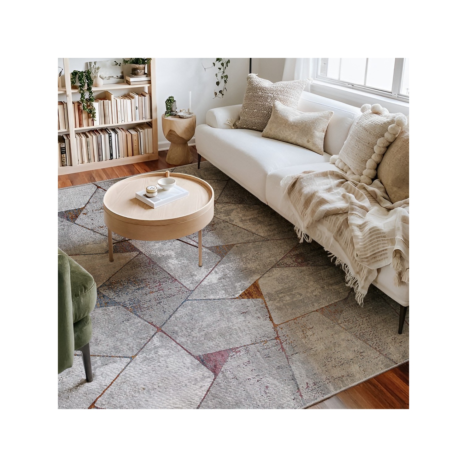 Tapis d'intérieur comtemporain Kairon à motif géométrique gris/beige