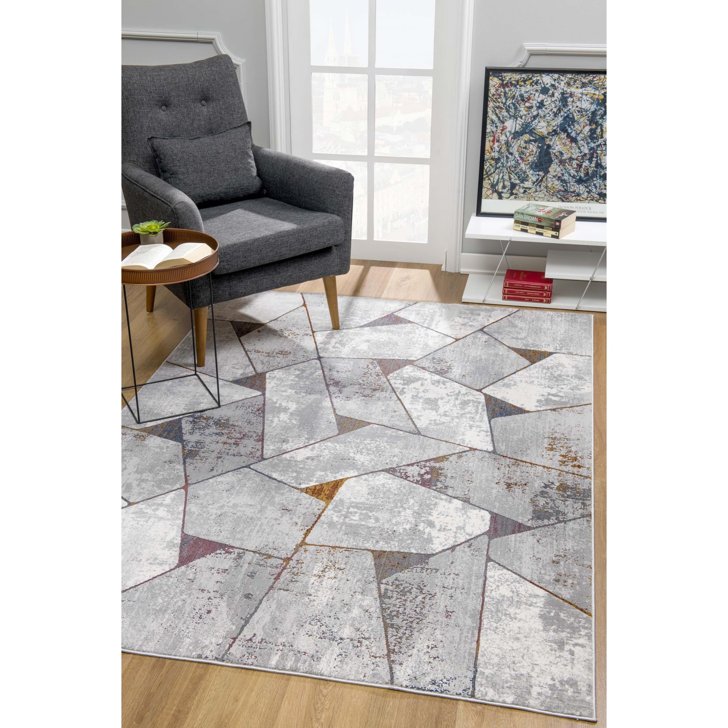 Tapis d'intérieur comtemporain Kairon à motif géométrique gris/beige