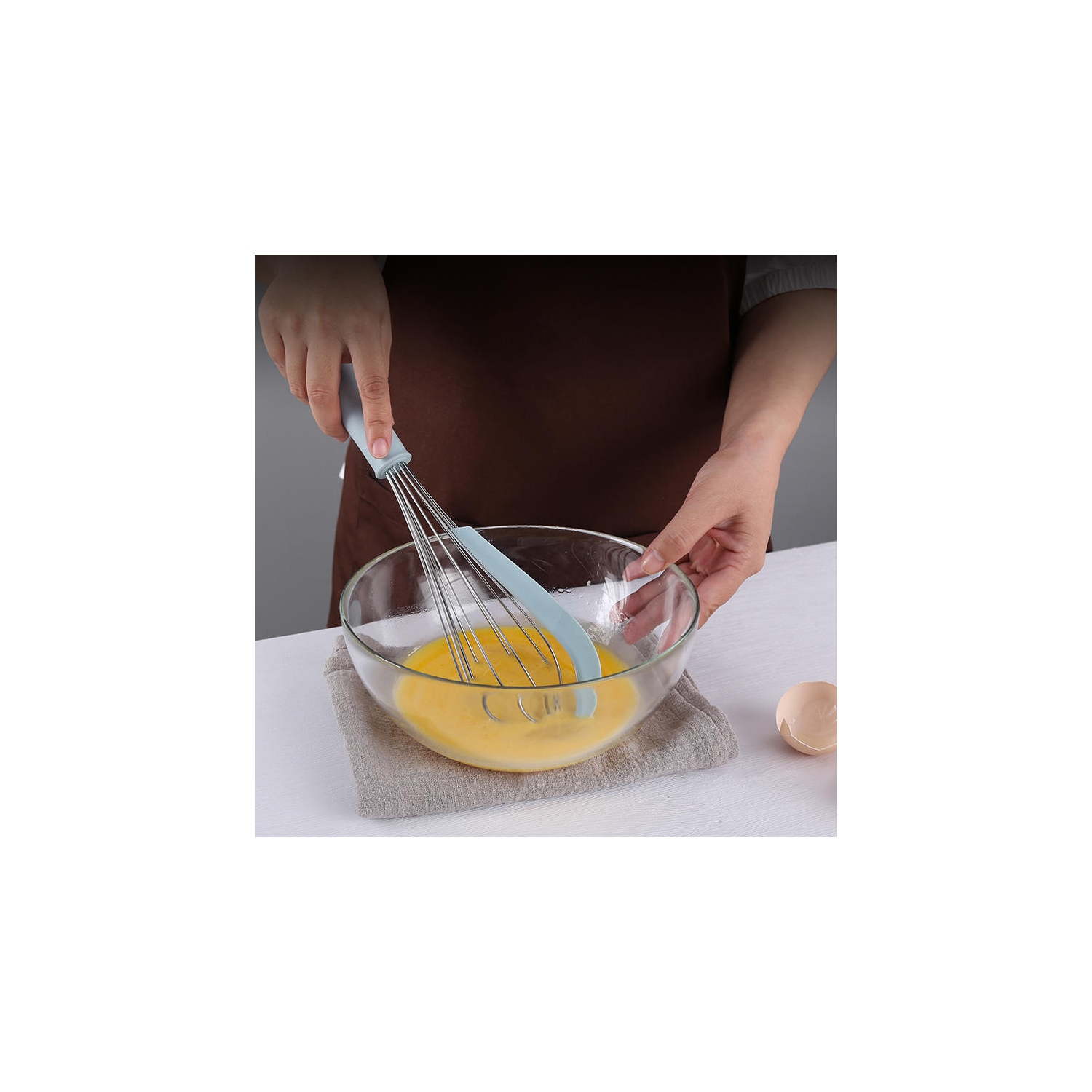 2-in-1 Basting whisk Manual Egg Beater With Bowl Scraper Stainless Steel Wire Balloon Whisk For Blending, Beating, Frothing & Stirring