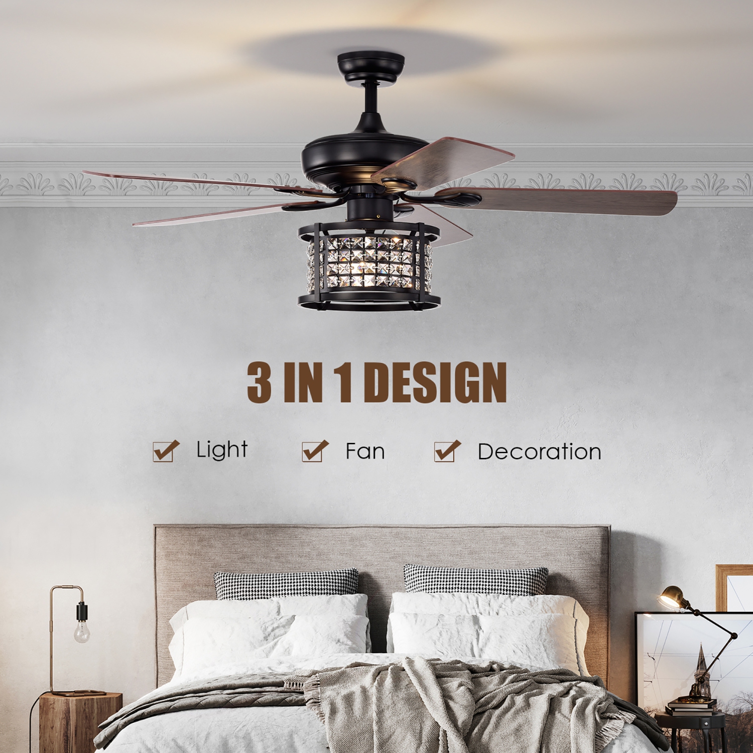 Costway 52" Ceiling Fan with Light Reversible Crystal Ceiling Fan Lamp W/Remote Control