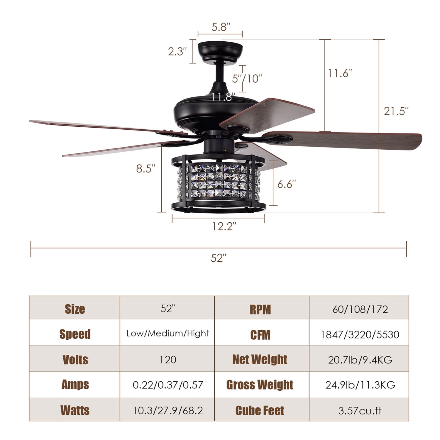 Costway 52" Ceiling Fan with Light Reversible Crystal Ceiling Fan Lamp W/Remote Control