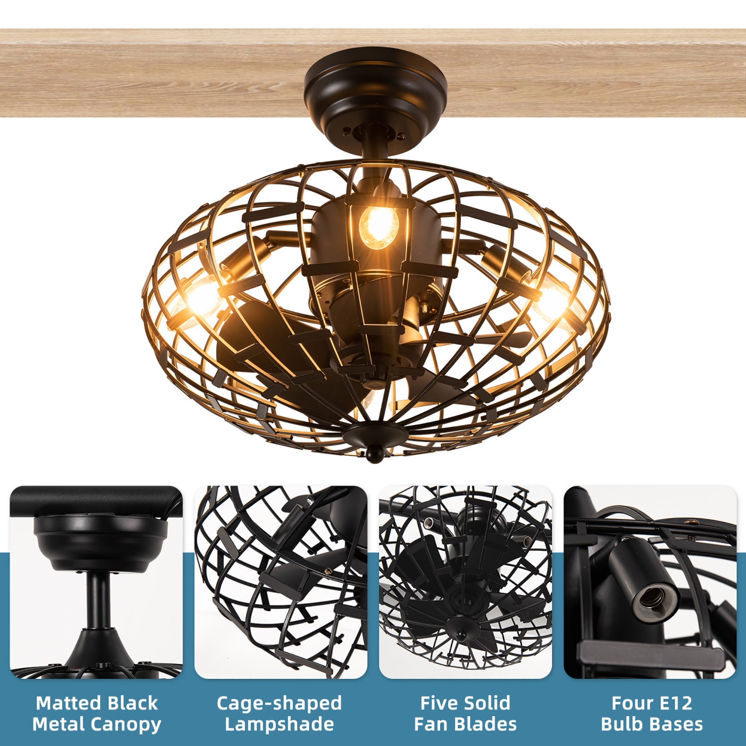 Costway Ceiling Fan with Light, Enclosed Ceiling Fan w/ 5 Blades & Remote Control Black