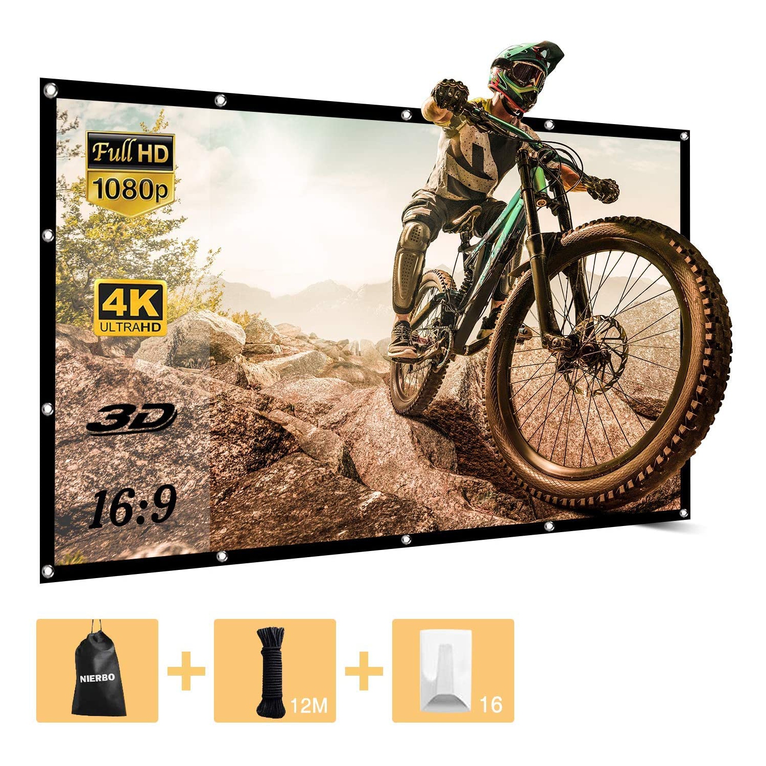 NIERBO Projector Screen 120Inch(266x149cm) Indoor Outdoor Portable Movie Screen 16:9 HD Anti-Wrinkle Support Double Sided Projection(16 PCS Adhesive Hooks 12M Strings and Bag)