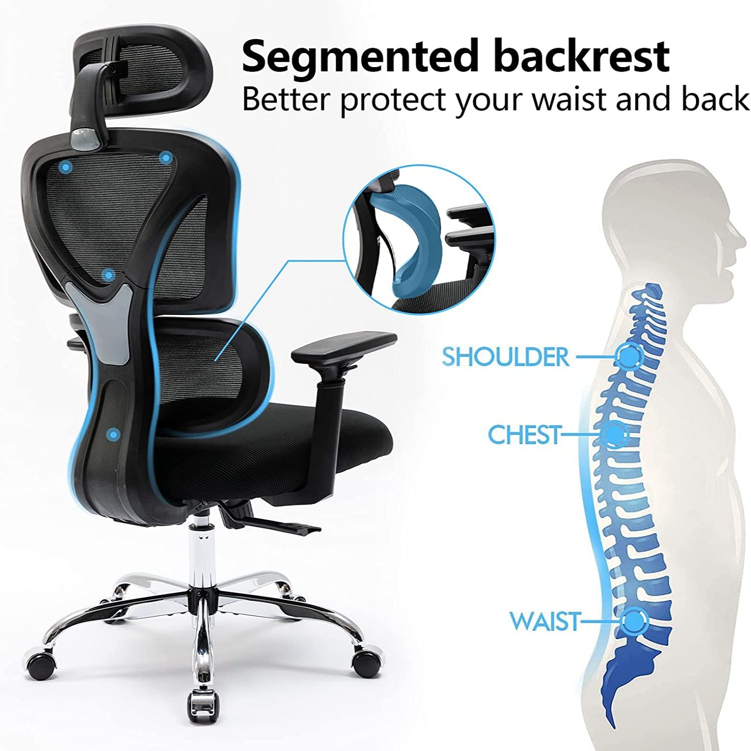 Fauteuil de bureau CoolHut à dossier haut et à hauteur réglable avec accoudoirs 3D - Noir - S
