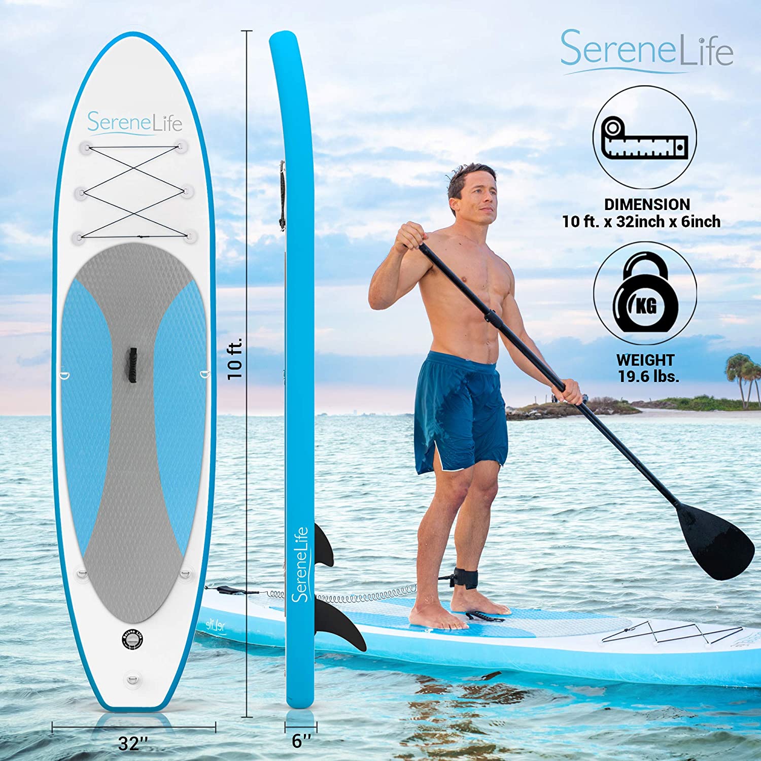 SereneLife Inflatable Stand Up Paddle Board with Premium SUP Accessories & Carry Bag | Wide Stance, Bottom Fin for Paddling, Surf Control, Non-Slip