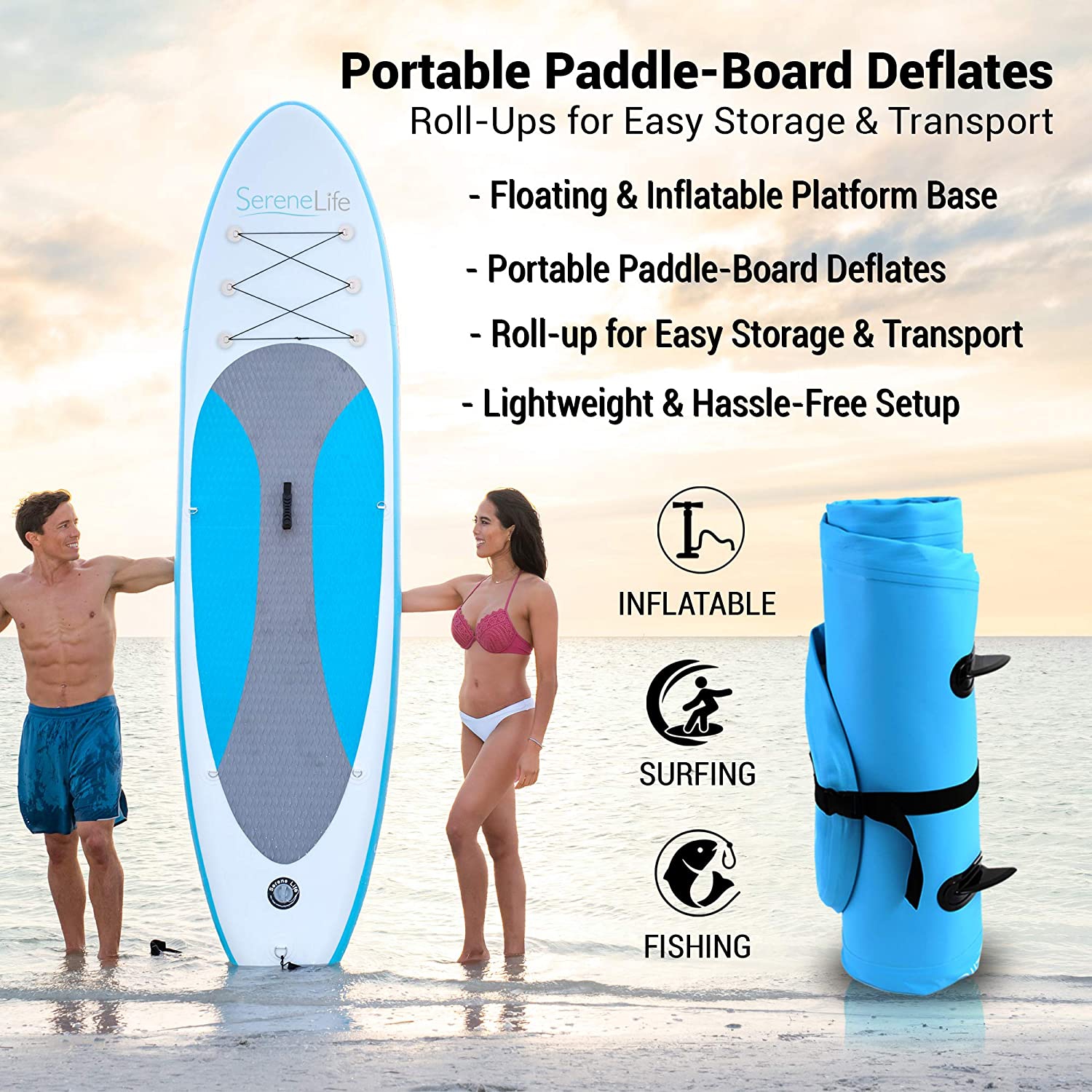 SereneLife Inflatable Stand Up Paddle Board with Premium SUP Accessories & Carry Bag | Wide Stance, Bottom Fin for Paddling, Surf Control, Non-Slip