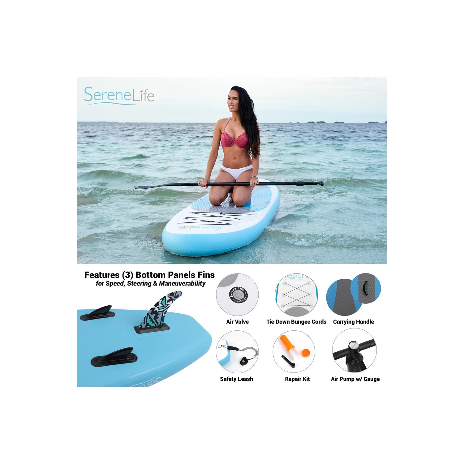 SereneLife Inflatable Stand Up Paddle Board with Premium SUP Accessories & Carry Bag | Wide Stance, Bottom Fin for Paddling, Surf Control, Non-Slip