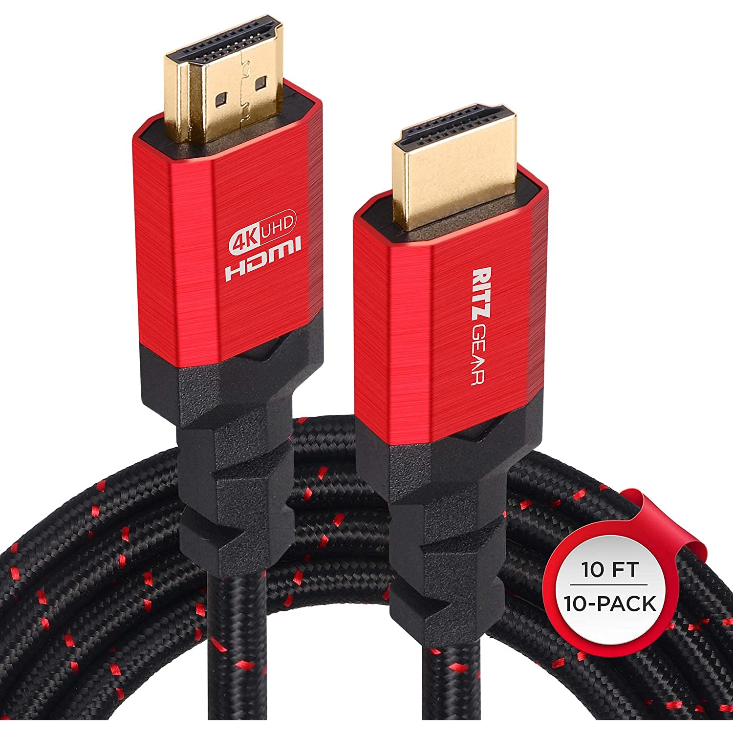 Ritz Gear 4K HDMI Cable 10 ft [10 Pack] Braided Nylon Cord & Gold Connectors, High Speed HDMI 2.0 with Ethernet, Compatible with PS5, PS4, PS3, Xbox,