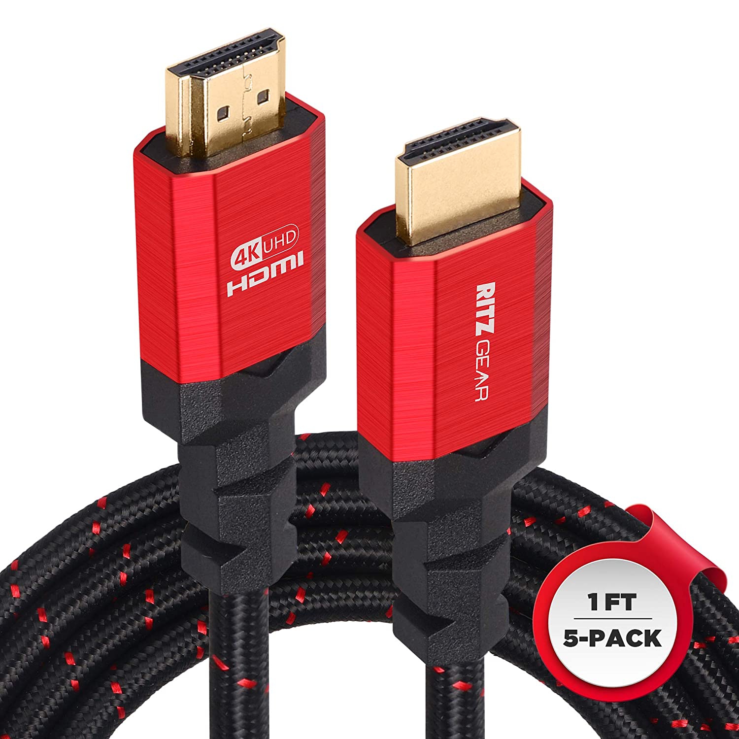 Ritz Gear 4K HDMI Cable 1 ft [5 Pack] Braided Nylon Cord & Gold Connectors, High Speed HDMI 2.0 with Ethernet, Compatible with PS5, PS4, PS3, Xbox, Roku, Apple TV, HDTV, Blu-ray, Laptop, PC, Monitor