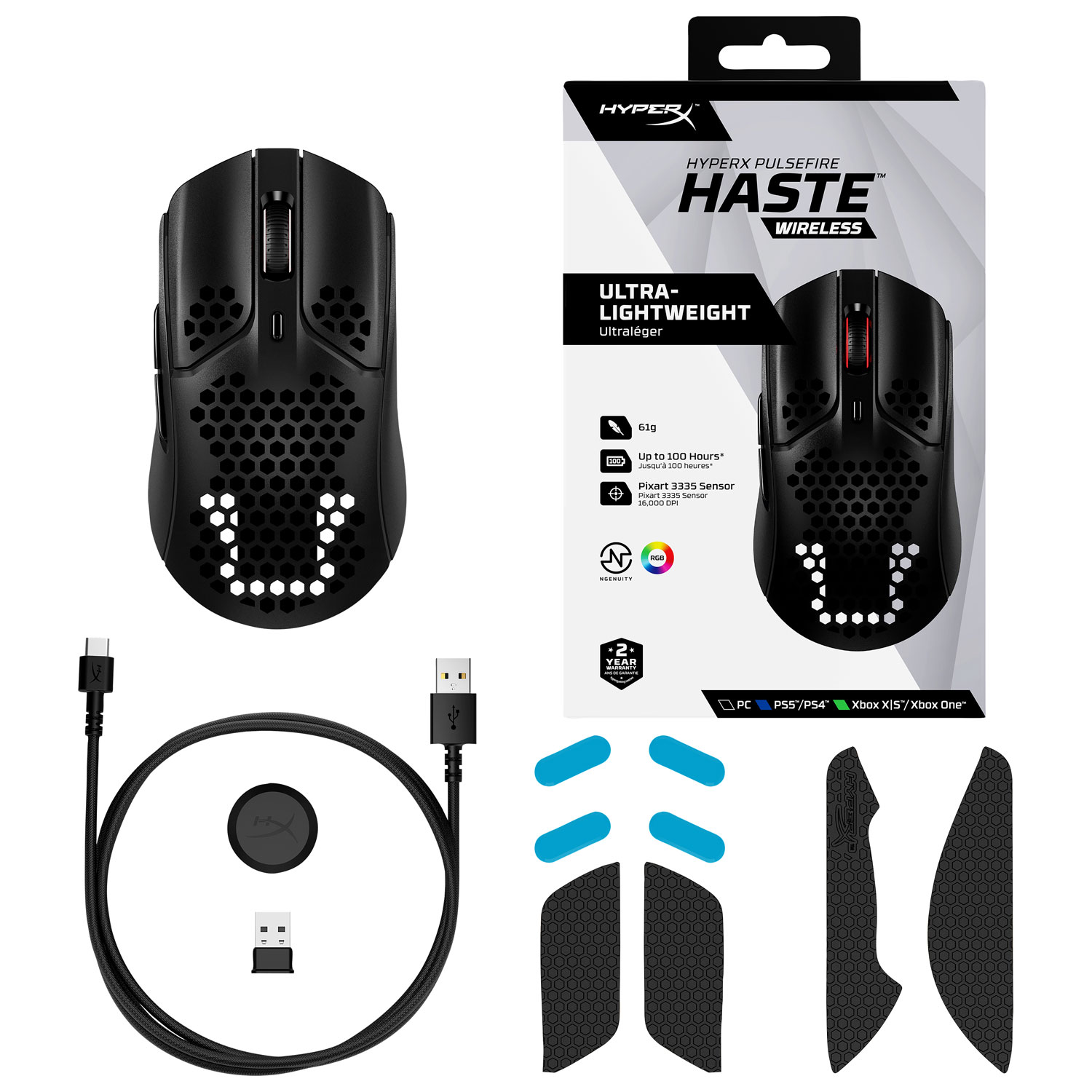 Souris de jeu sans fil de 16000 ppp Pixart PAW3335 Pulsefire Haste de HyperX - Noir