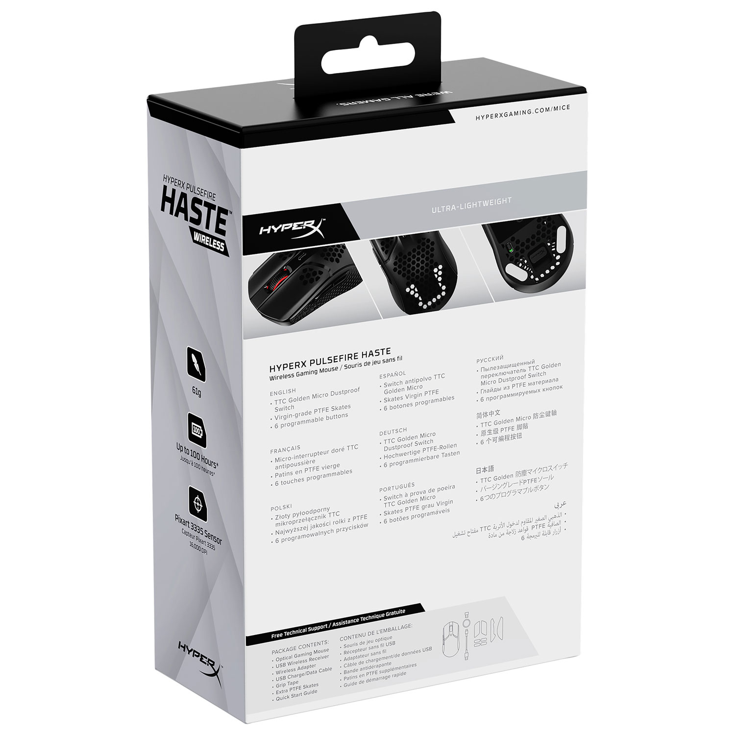 Souris de jeu sans fil de 16000 ppp Pixart PAW3335 Pulsefire Haste de HyperX - Noir