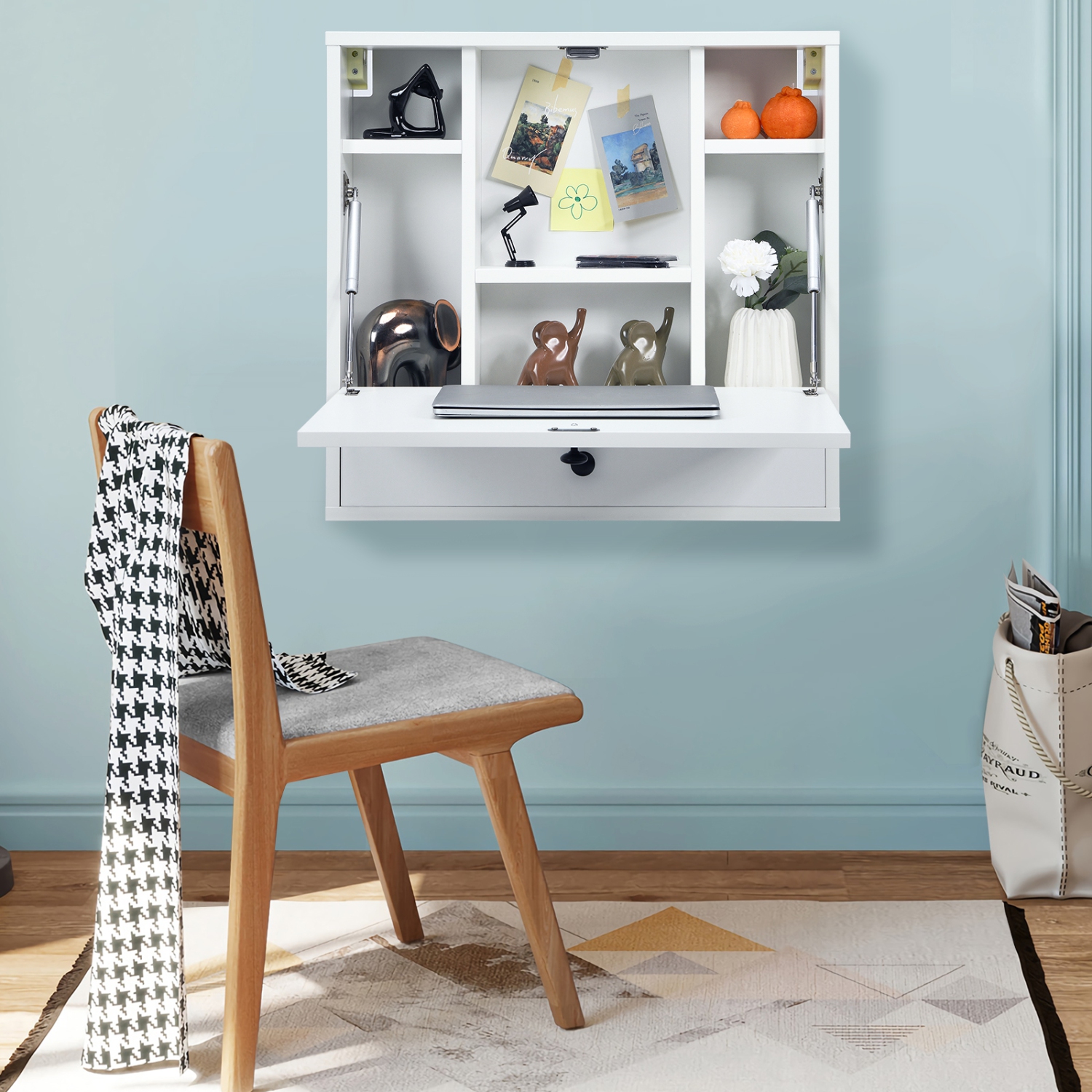 Topbuy Wall Mount Floating Desk Foldable Space Saving Laptop Workstation with Storage Drawer and Shelves Black/White