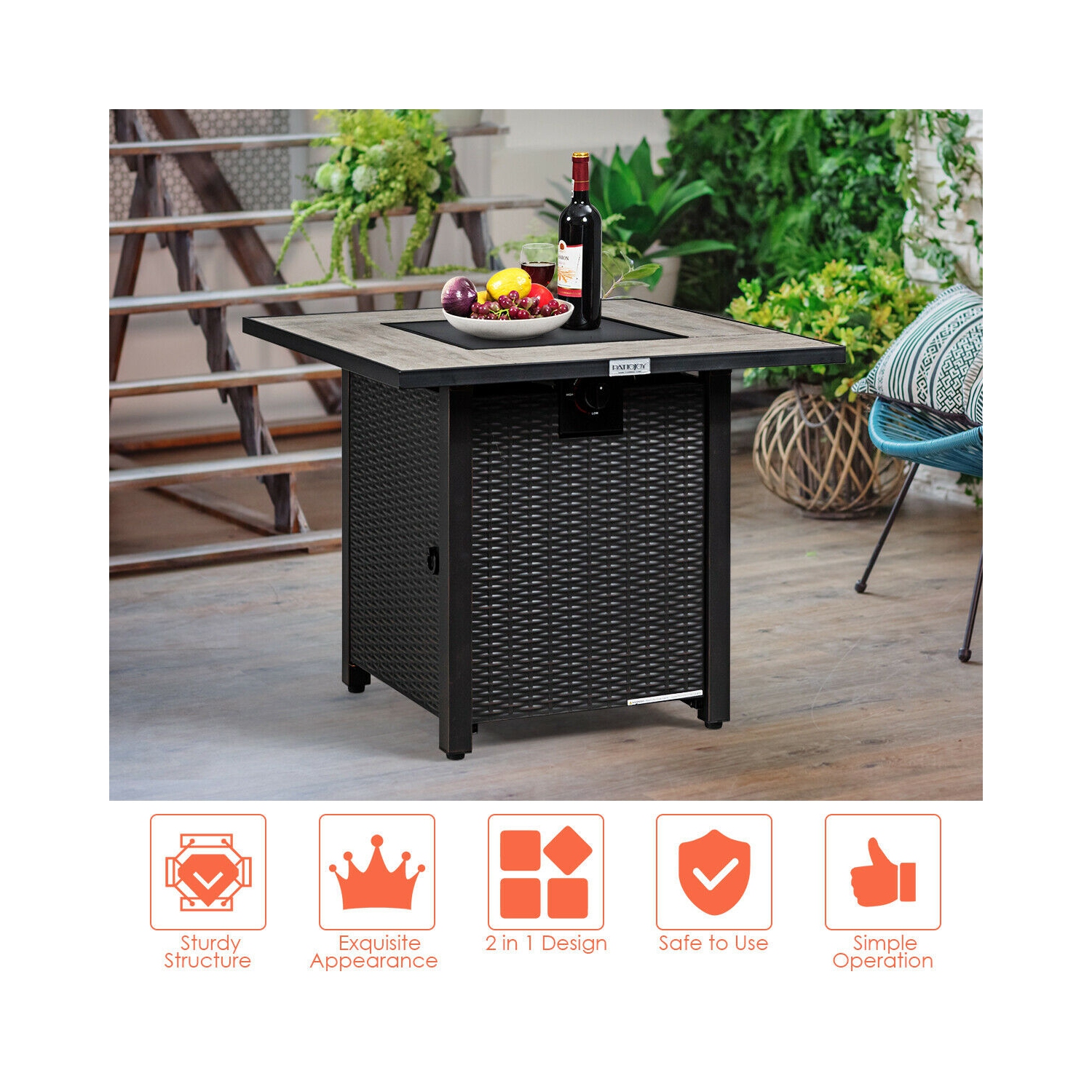 Topbuy 50,000 BTU Square Outdoor Propane Fire Pit Table with Waterproof Cover Lava Rock