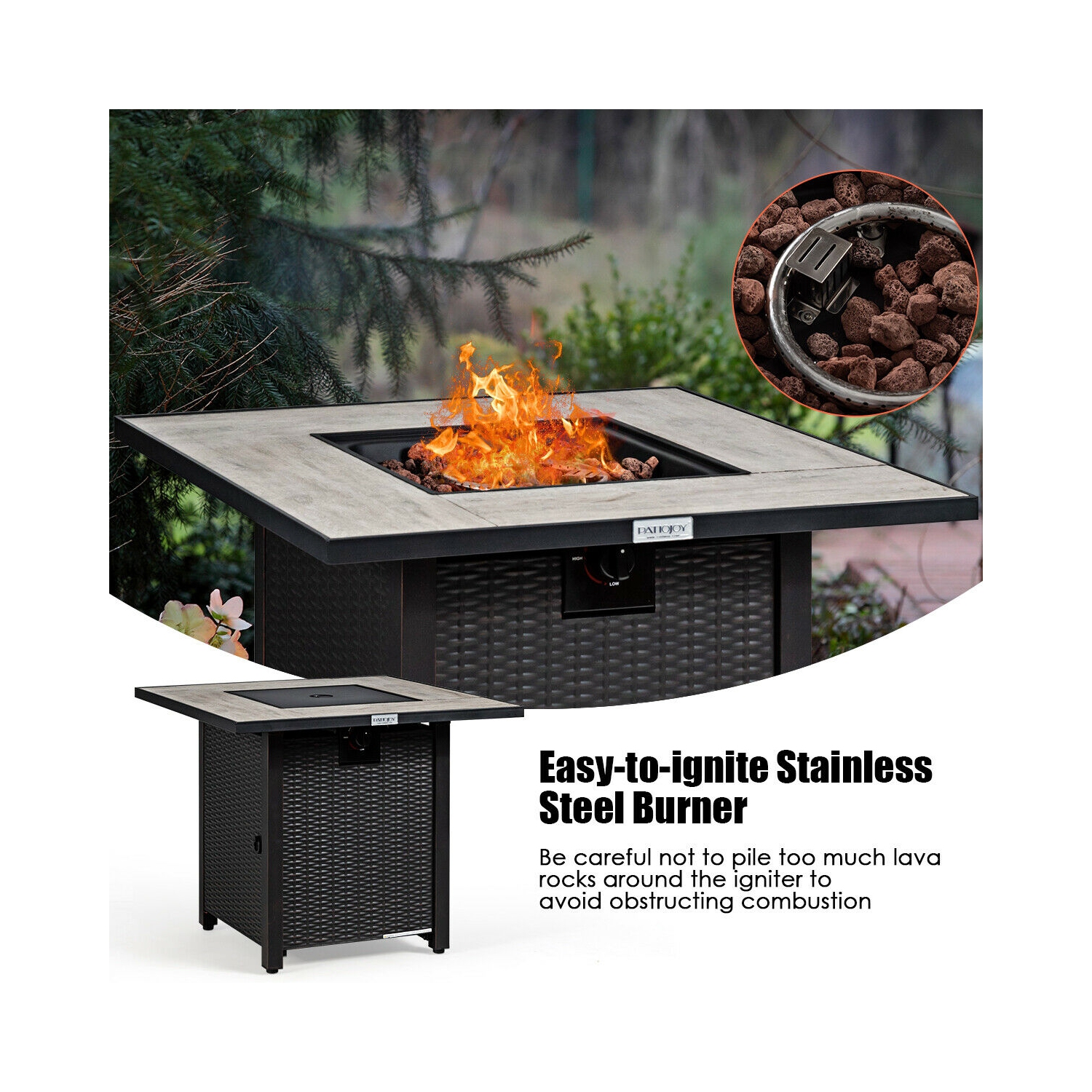 Topbuy 50,000 BTU Square Outdoor Propane Fire Pit Table with Waterproof Cover Lava Rock