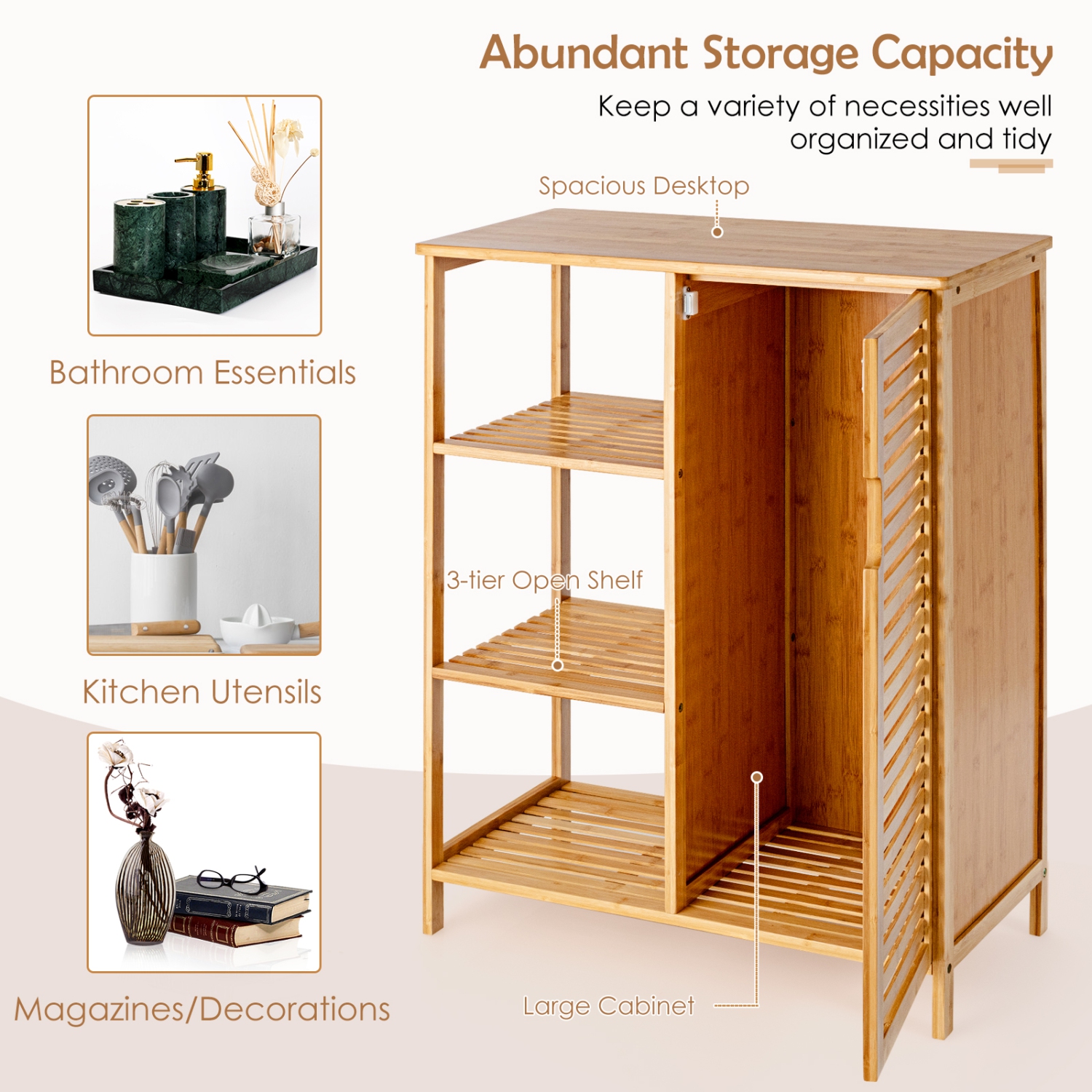 Topbuy Bathroom Storage Cabinet Bamboo Floor Cabinet Free Standing Organizer with Single Door & 3 Open Shelves