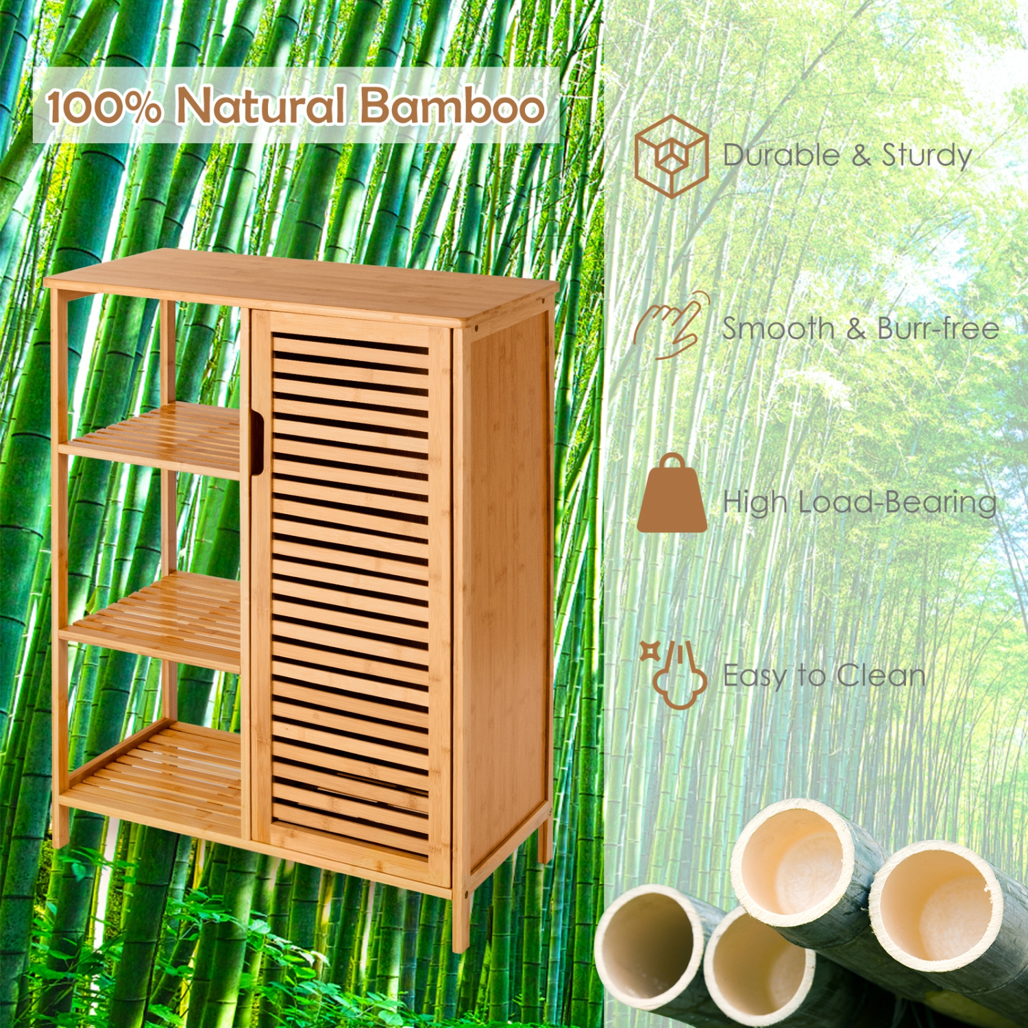 Topbuy Bathroom Storage Cabinet Bamboo Floor Cabinet Free Standing Organizer with Single Door & 3 Open Shelves