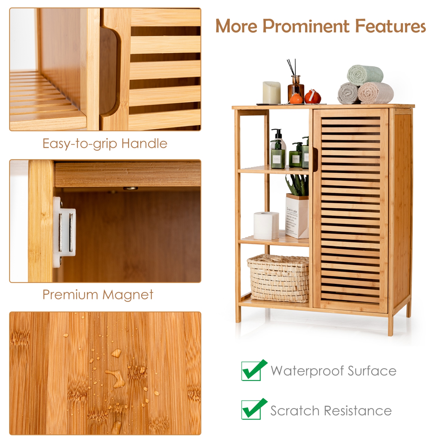 Topbuy Bathroom Storage Cabinet Bamboo Floor Cabinet Free Standing Organizer with Single Door & 3 Open Shelves
