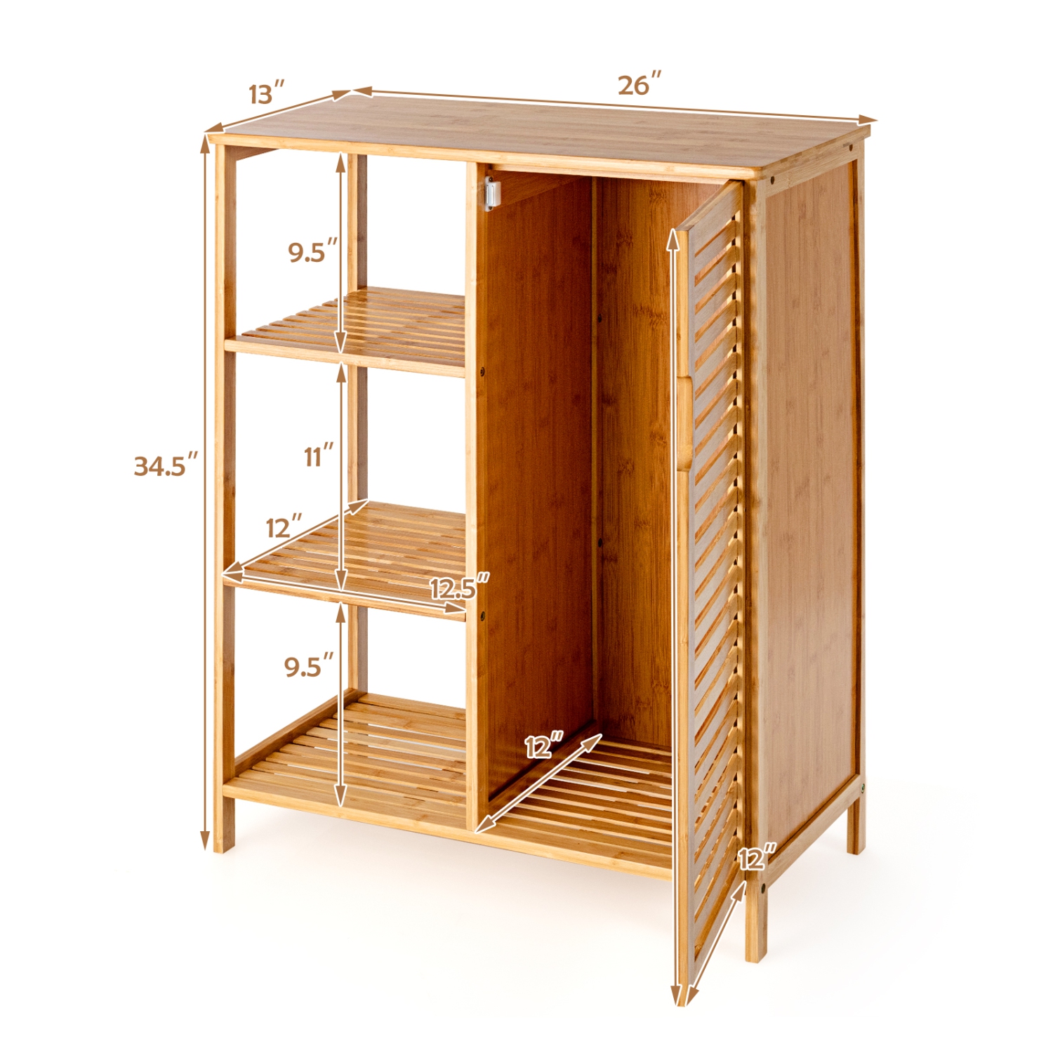 Topbuy Bathroom Storage Cabinet Bamboo Floor Cabinet Free Standing Organizer with Single Door & 3 Open Shelves
